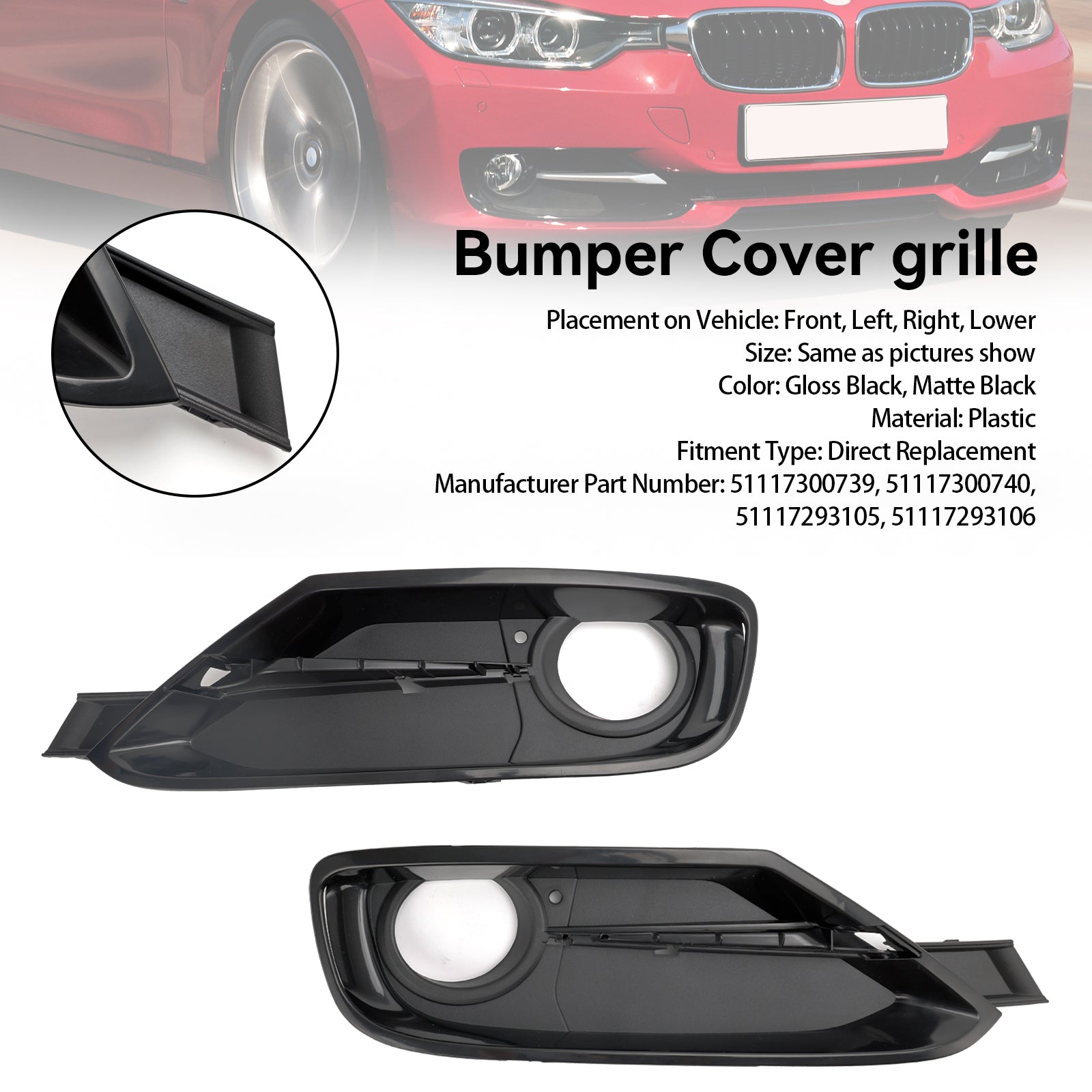 2013-2015 BMW 3 Series F30 320 328 335 2PCS Front Bumper Fog Light Grille Covers 51117300739