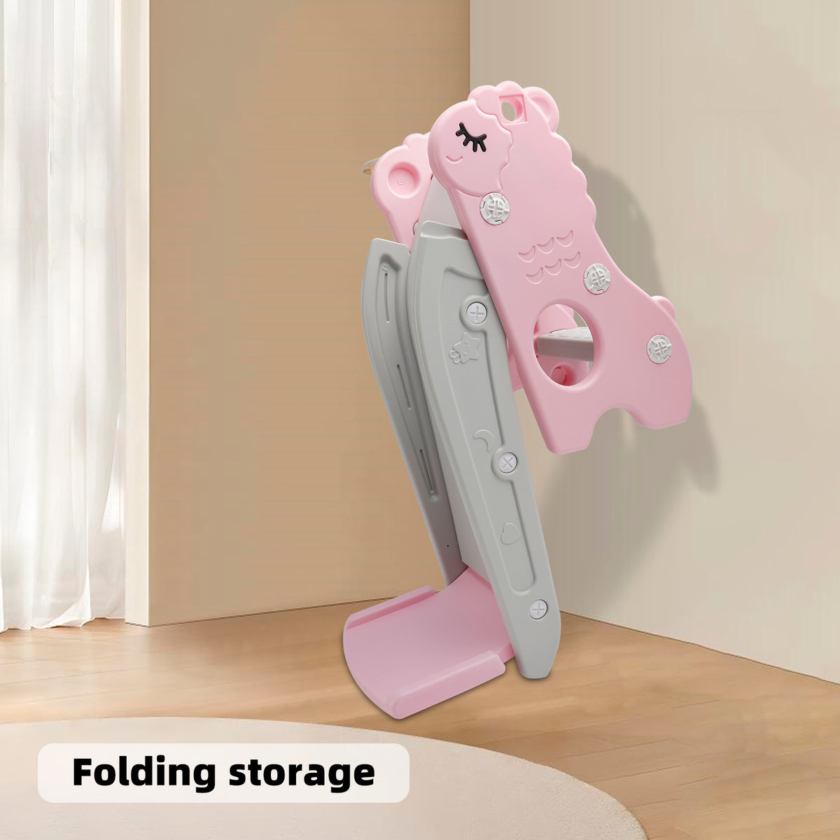 3In1 Kid Folding Slide With Climber,Basketball Hoop,Freestanding Slide Toy Pink