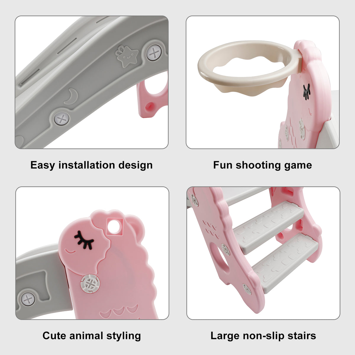 3In1 Kid Folding Slide With Climber,Basketball Hoop,Freestanding Slide Toy Pink