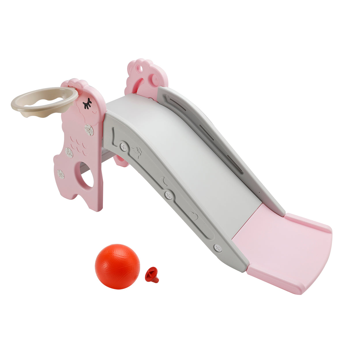 3In1 Kid Folding Slide With Climber,Basketball Hoop,Freestanding Slide Toy Pink