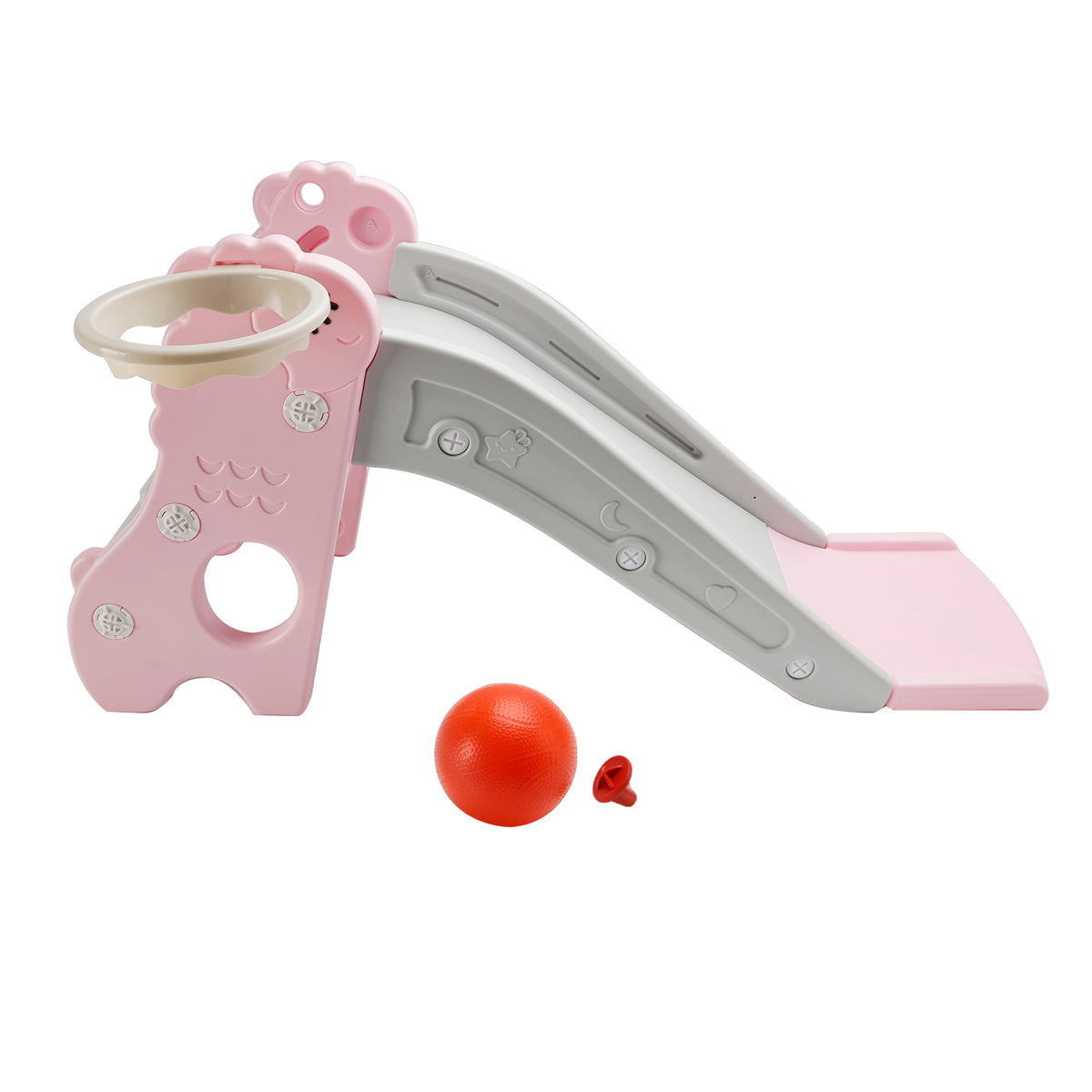 3In1 Kid Folding Slide With Climber,Basketball Hoop,Freestanding Slide Toy Pink