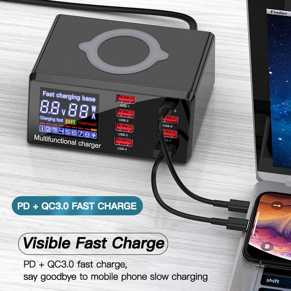 100W 8 Ports USB QC 3.0 Fast PD Quick Adapter Wireless Charging Station UK Plug