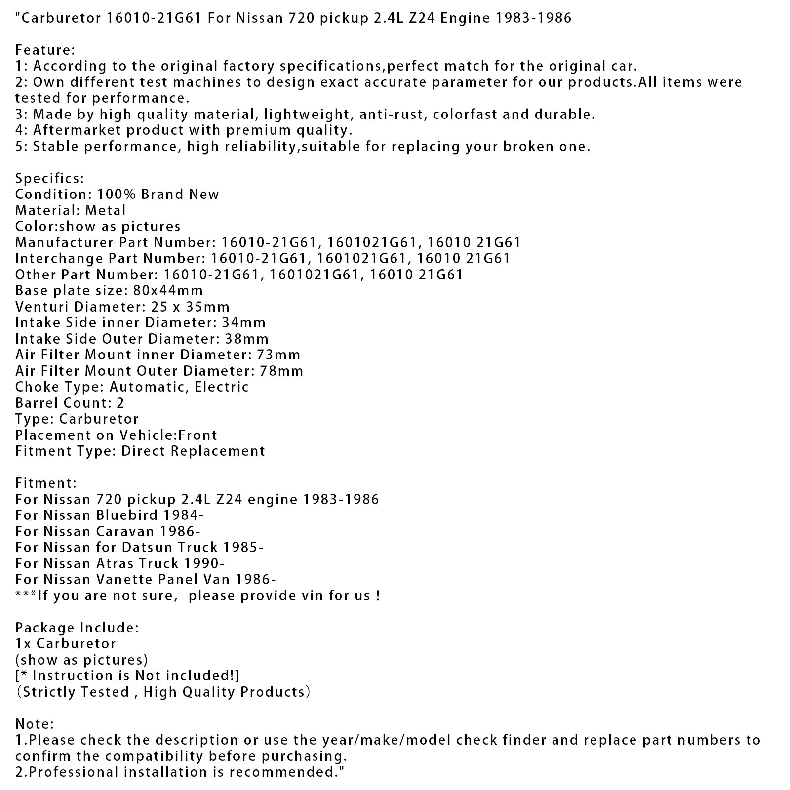 1986-on Nissan Caravan Carburetor 16010-21G61