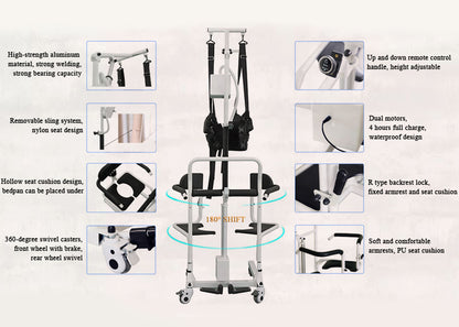 Electric Transfer Chair Patient Lift (4 in 1) for Home  180° Split Seat 330 lbs Load-Bearing for Elderly Disabled Handicapped  Full Body Sling Portable
