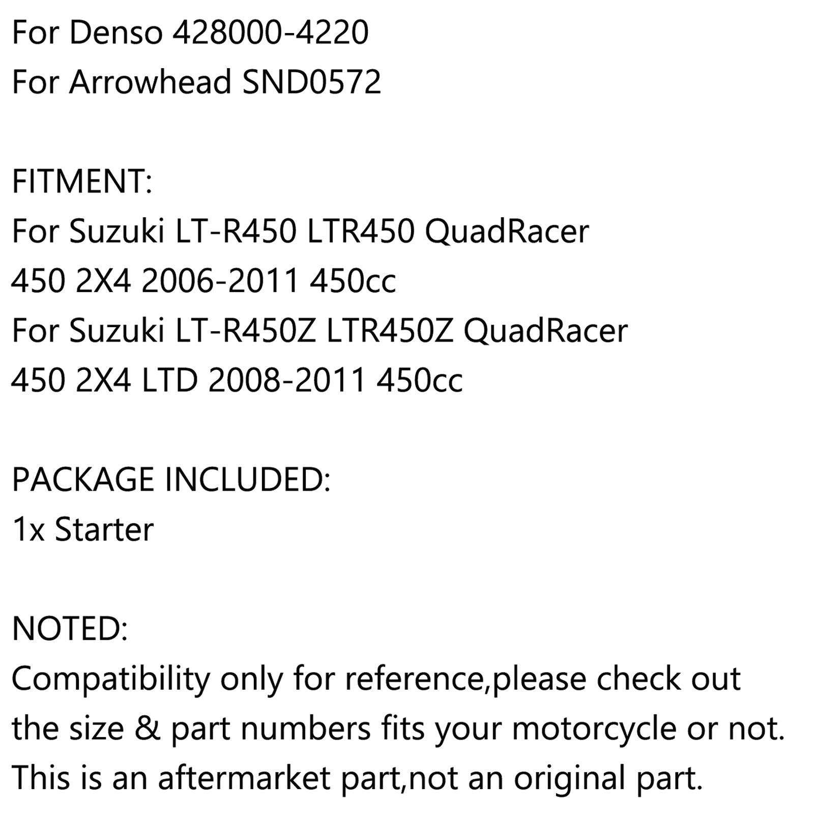 2006-2011 Suzuki LT-R450 LTR450 QuadRacer 450 2X4 450cc Starter 9-Spline 31100-45G00 495809 428000-4220 Generic