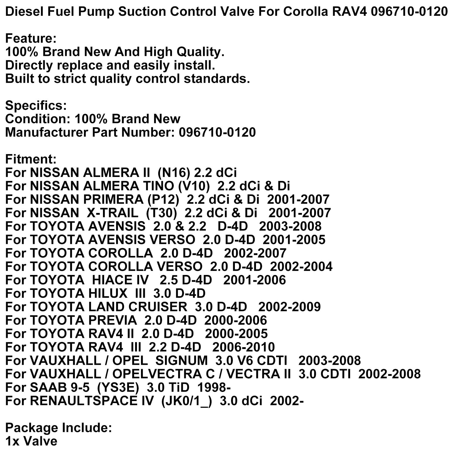 NISSAN ALMERA II (N16) 2.2 dCi Diesel Fuel Pump Suction Control Valve 096710-0120