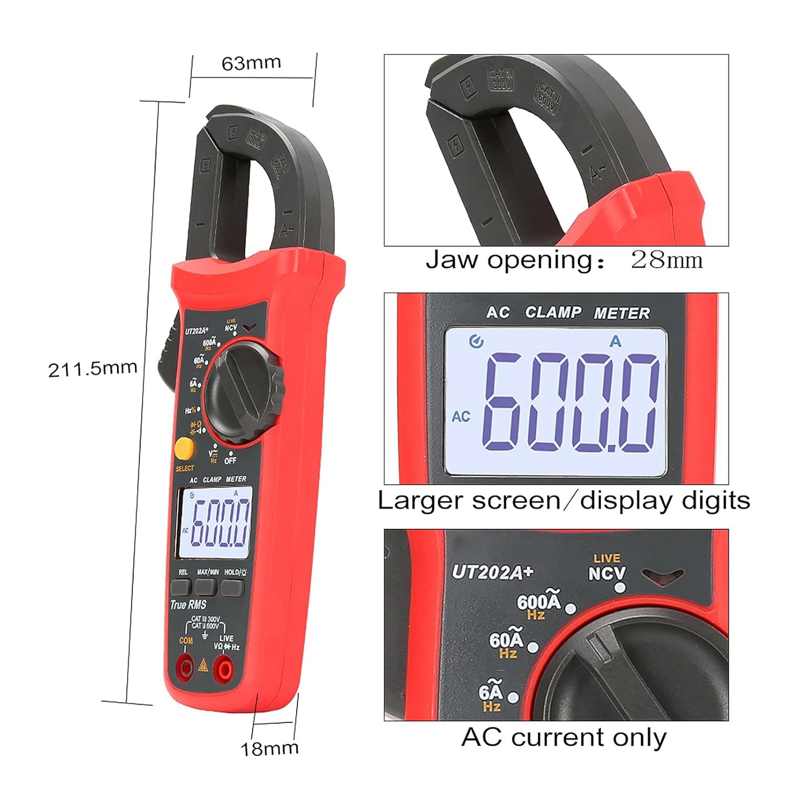 UT202A+ Digital Clamp Meter 6000 Counts Auto Range True RMS NCV Multimeter