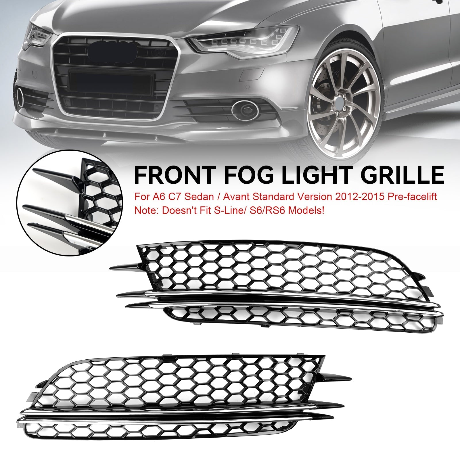 2012-2015 Audi A6 4G C7 2PCS Front Fog Light Cover Bezel Bumper Grille