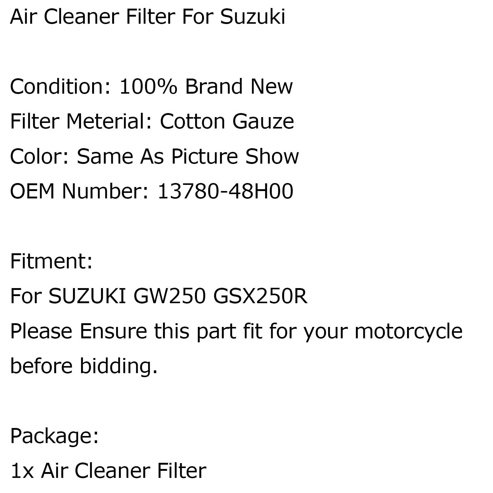 Suzuki GW250 GSX250R High Flow Replacemen Cleaner Element 13780-48H00 Generic