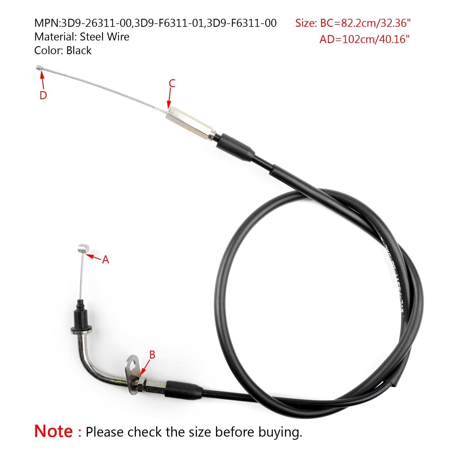 Motorcycle Throttle Cable For 3D9-26311-00 Yamaha YBR125 YBR125ED 2005-2009 Generic