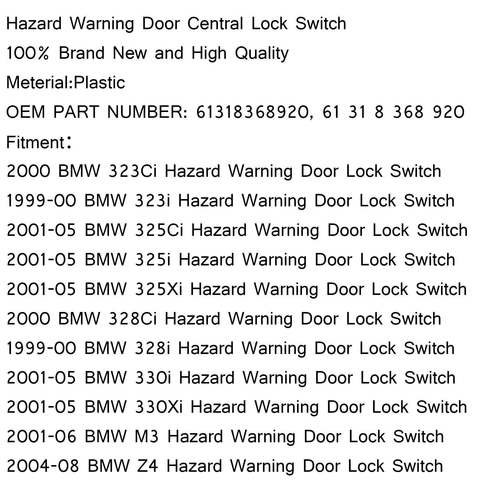EMERGENCY Hazard Warning Door Central Lock Locking Switch For BMW E46 E53 E85 Generic