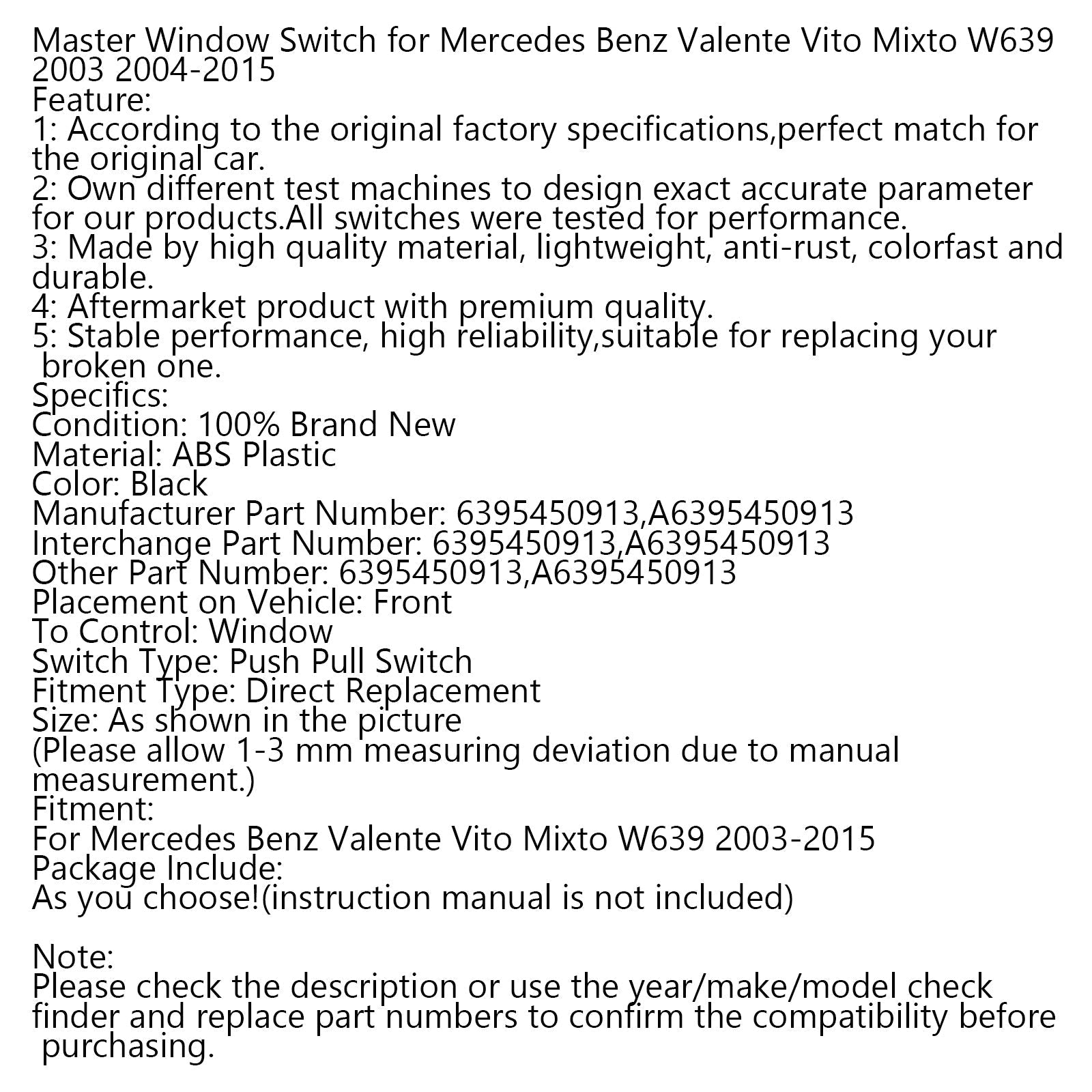 2003-2015 Mercedes Benz Valente Vito Mixto W639 Master Window Switch Generic