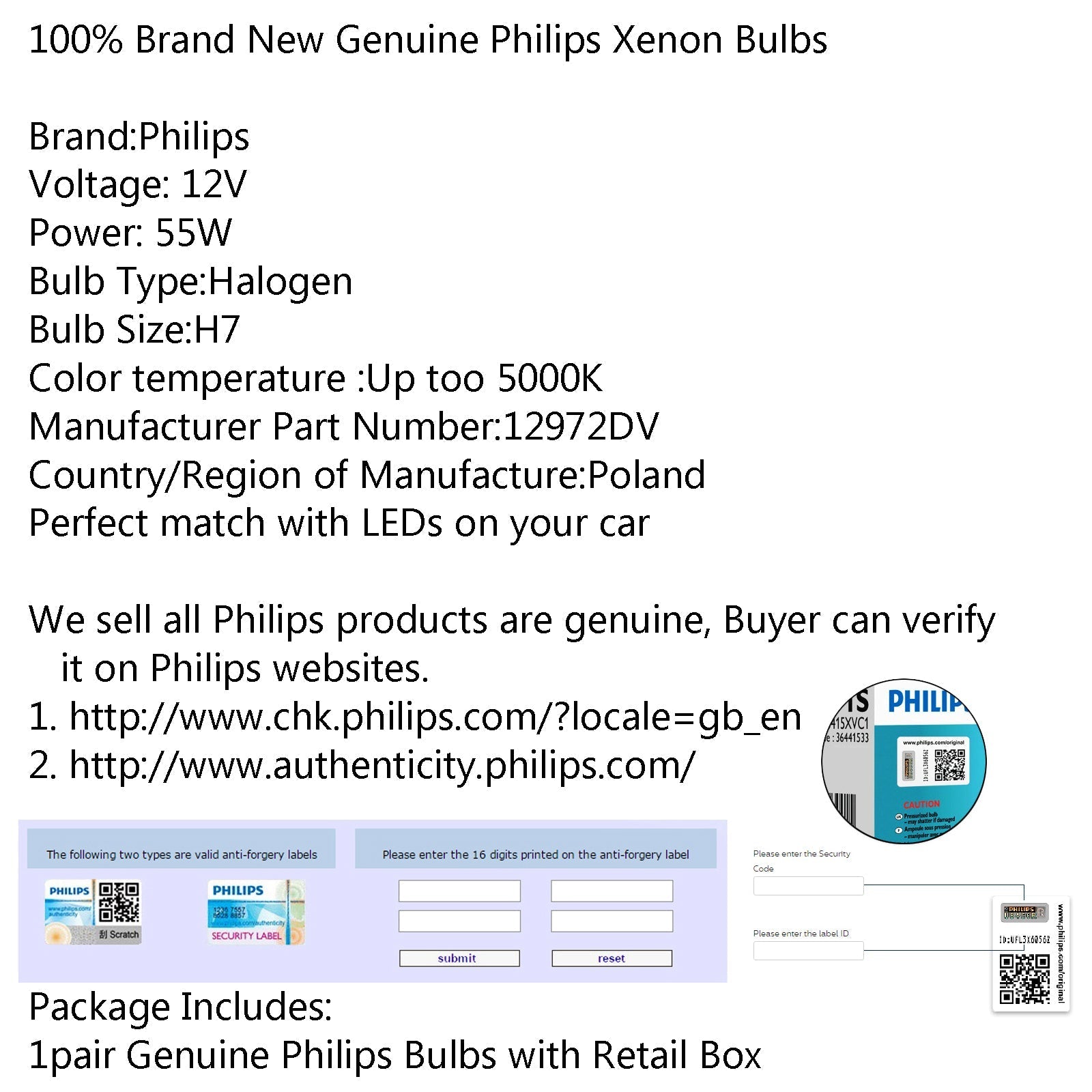 Genuine PHILIPS H7 5000K White DiamondVision 12972DV 12V 55W Light Bulb 2pcs Generic