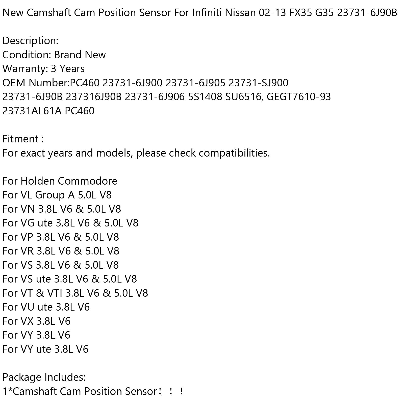 New Camshaft Cam Position Sensor For Infiniti Nissan 02-13 Fx35 G35 23731-6J90B Generic