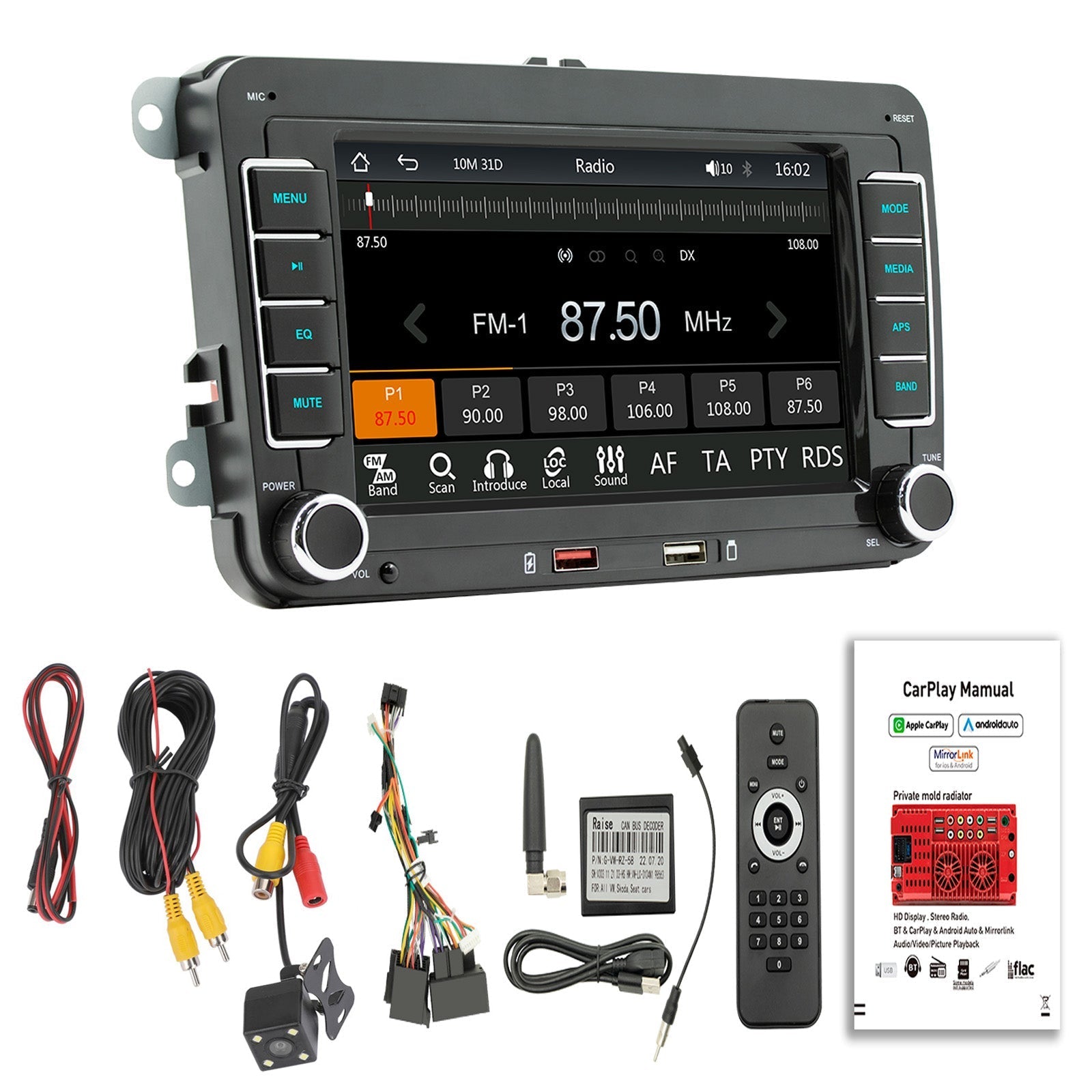 7" Volkswagen Car Bluetooth Radio MP5 Car Player Wireless Carplay + 4 LED Camera