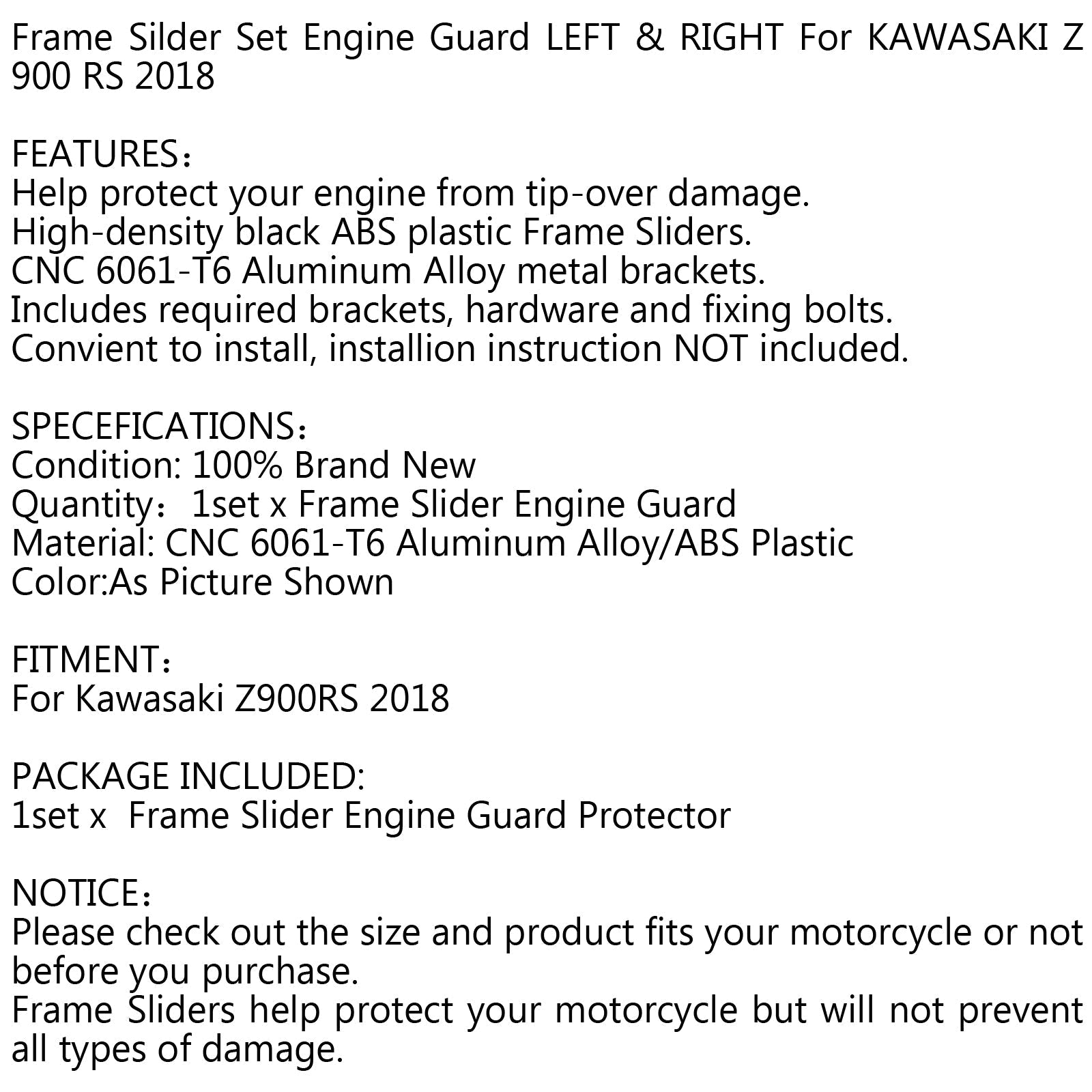 Frame Slider SET Engine Guard Protector LEFT & RIGHT For 2018 Kawasaki Z 900 RS Generic