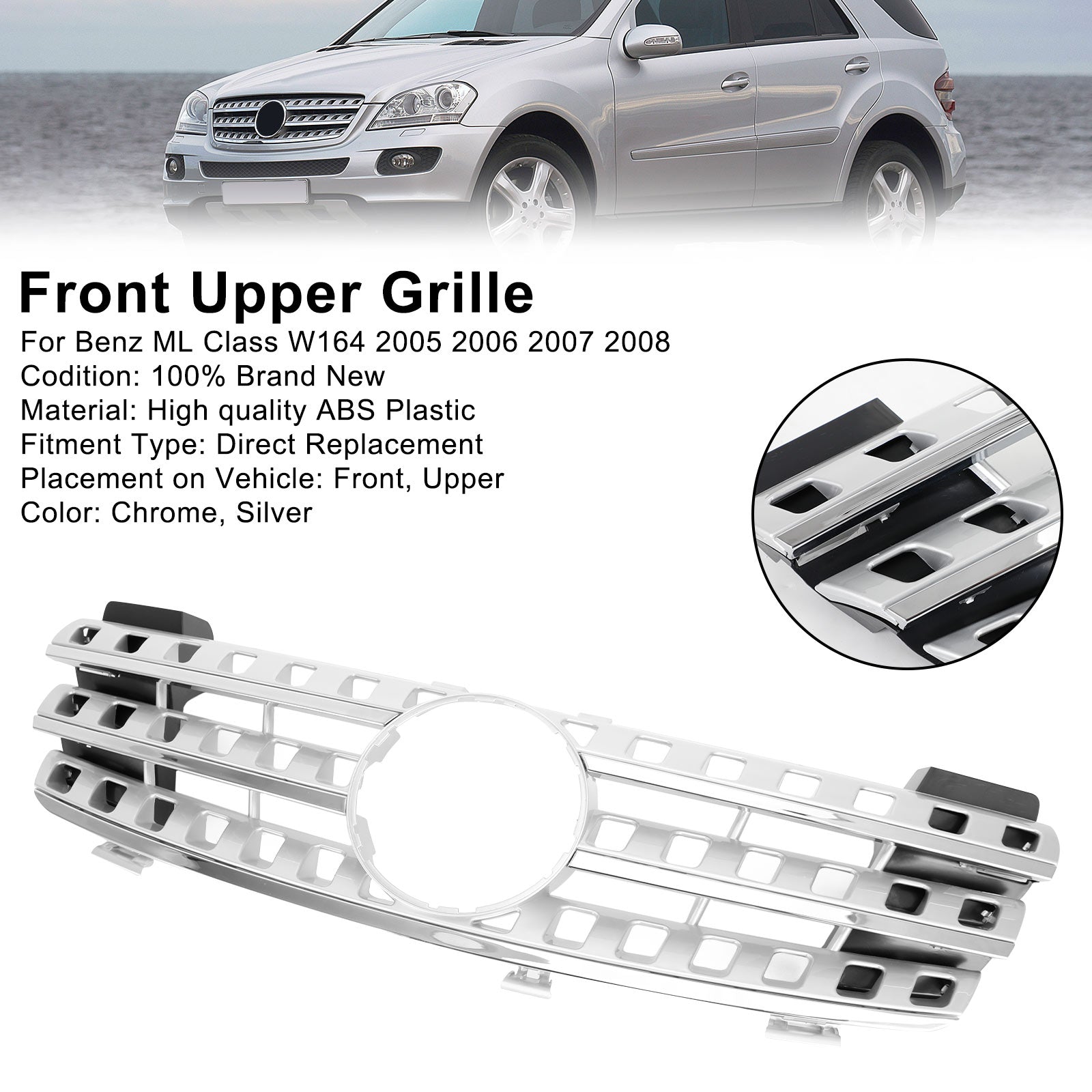 2005 2006 2007 2008 Mercedes-Benz ML-Class W164 Front Bumper Grille Grill Chrome