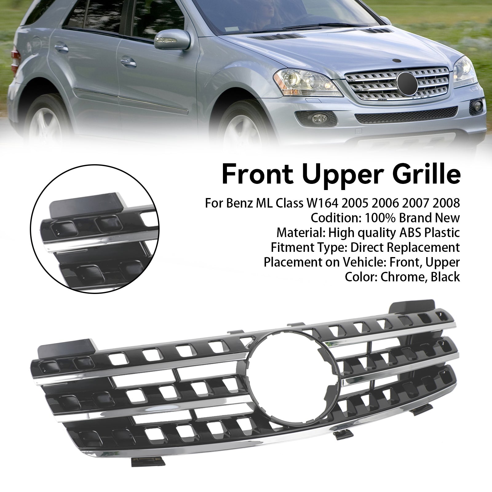 2005 2006 2007 2008 Mercedes ML-Class W164 Front Bumper Grille Grill Chrome/Black