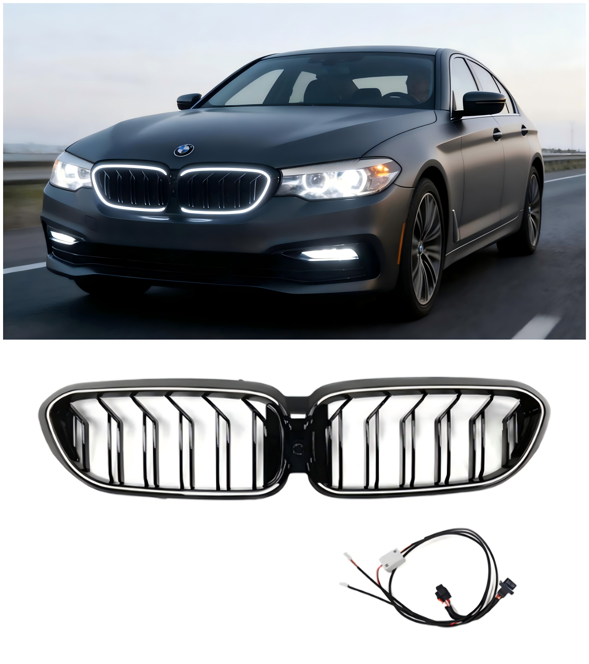 2017-2020 BMW 5 Series G30 G31 Double Slat Front Kidney Grille Gloss Black