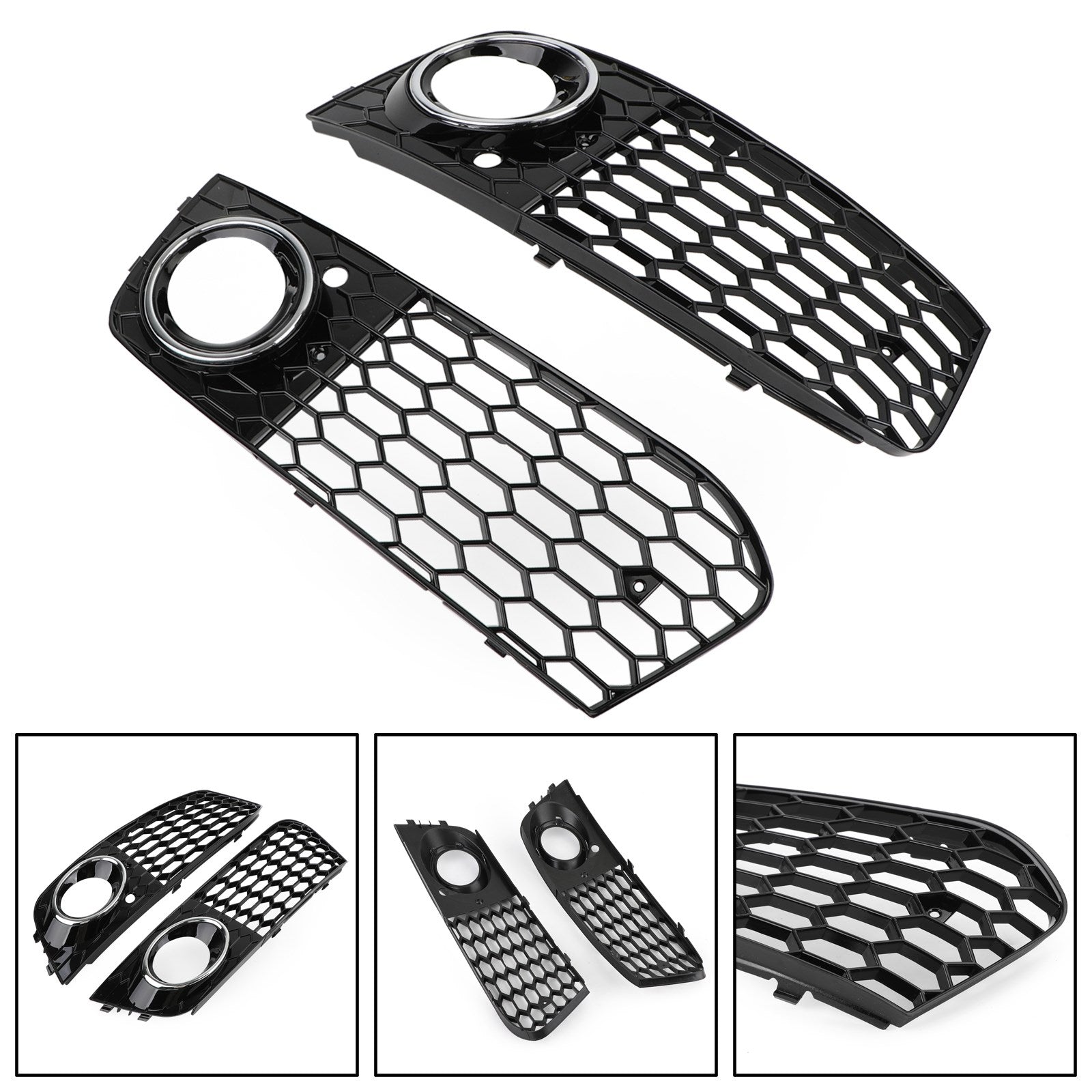 2009-2012 Audi A4 B8 RS4 Style Honeycomb Sport Mesh Hex Grille & Gloss Black Honeycomb Mesh Fog Light Open Vent Grill