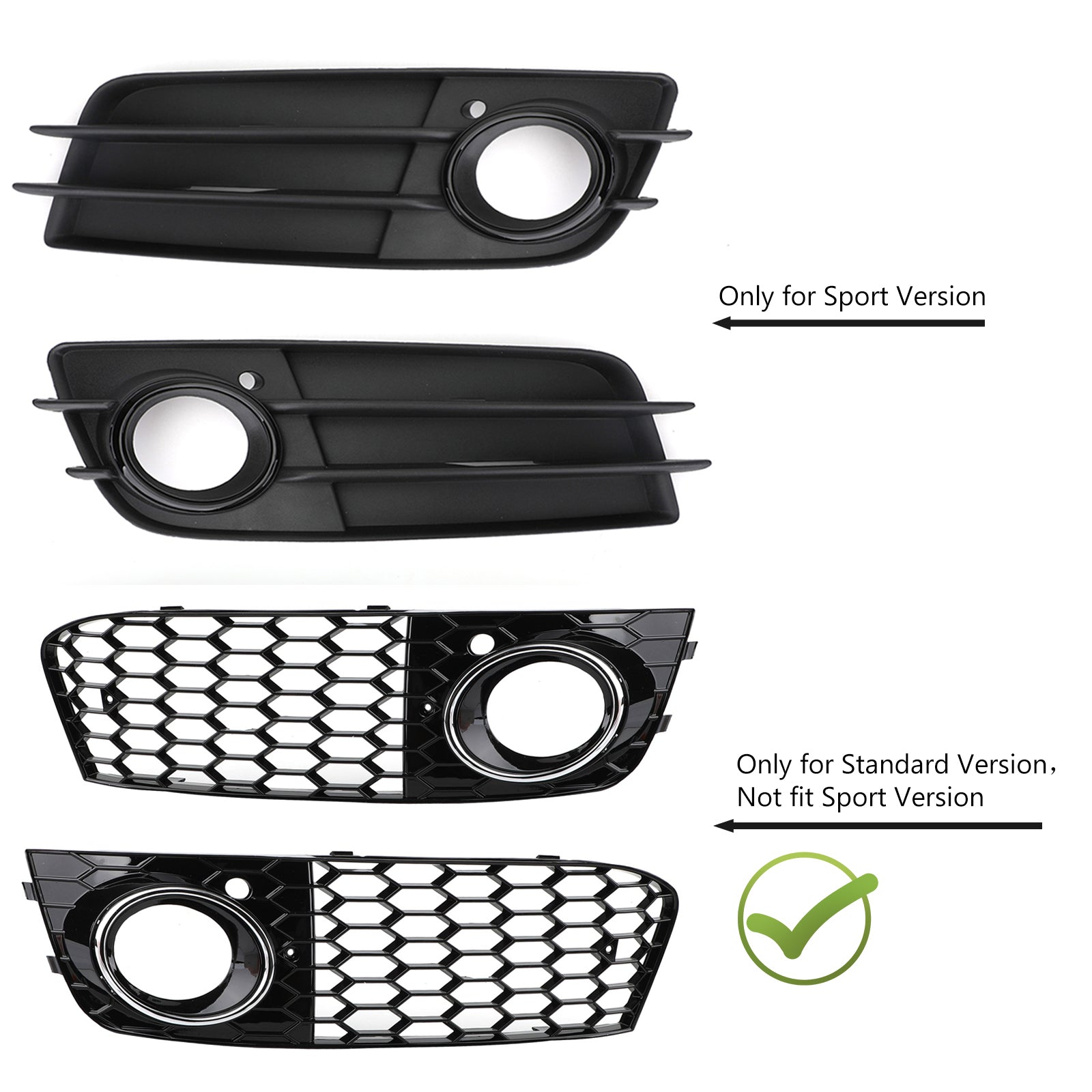 2009-2012 Audi A4 B8 RS4 Style Honeycomb Sport Mesh Hex Grille & Gloss Black Honeycomb Mesh Fog Light Open Vent Grill