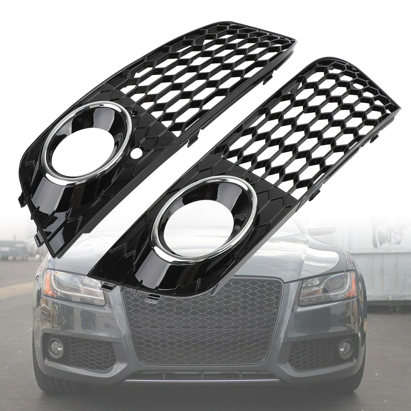 2009-2012 Audi A4 B8 RS4 Style Honeycomb Sport Mesh Hex Grille & Gloss Black Honeycomb Mesh Fog Light Open Vent Grill
