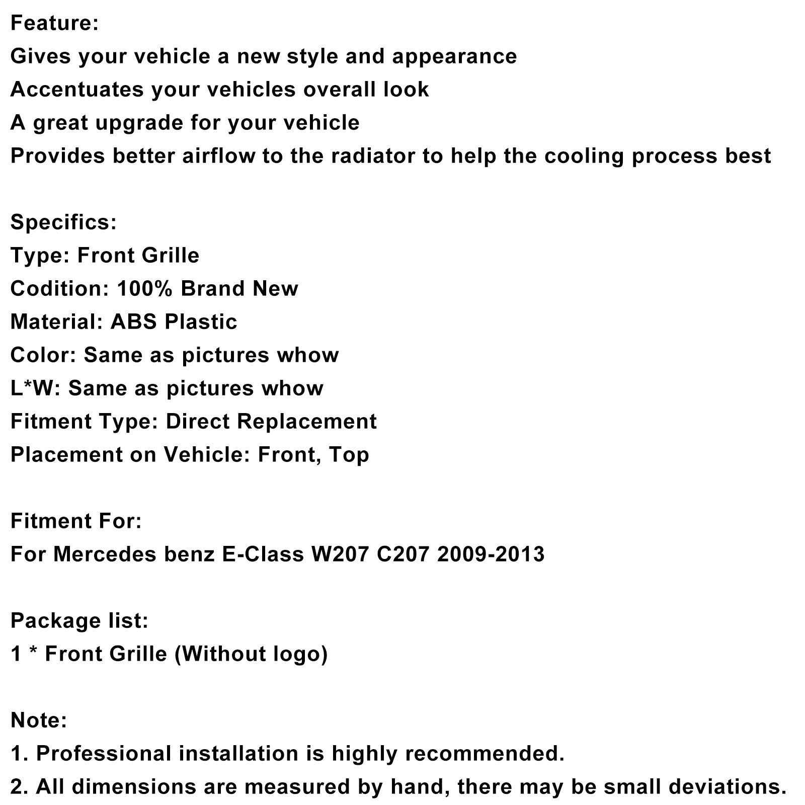 2009-2013 Mercedes E-Class W207 C207 Front Bumper Grill Grille Coupe