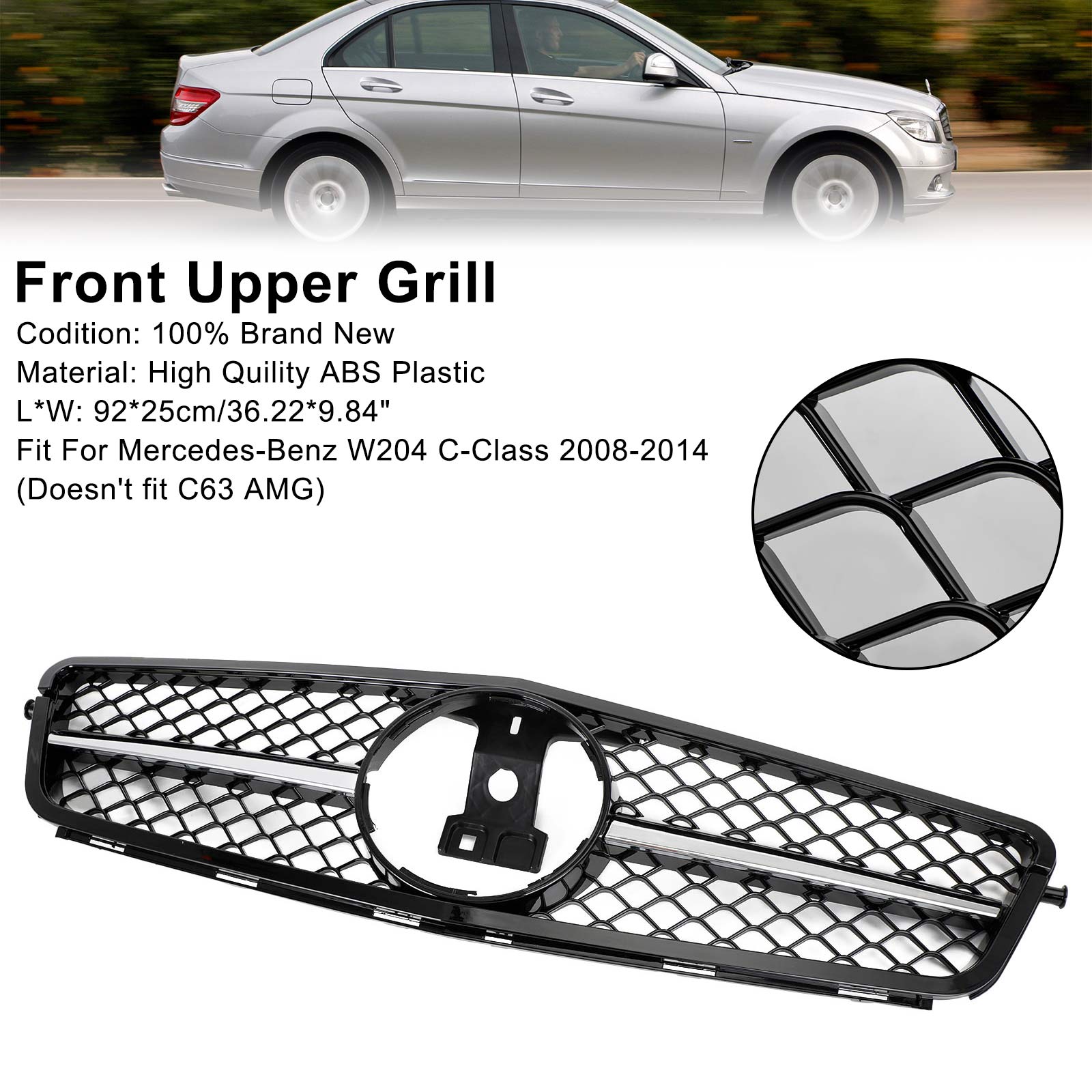 2008-2014 W204 C-Class BENZ ABS Gloss Black Chrome Front Bumper Grille Generic