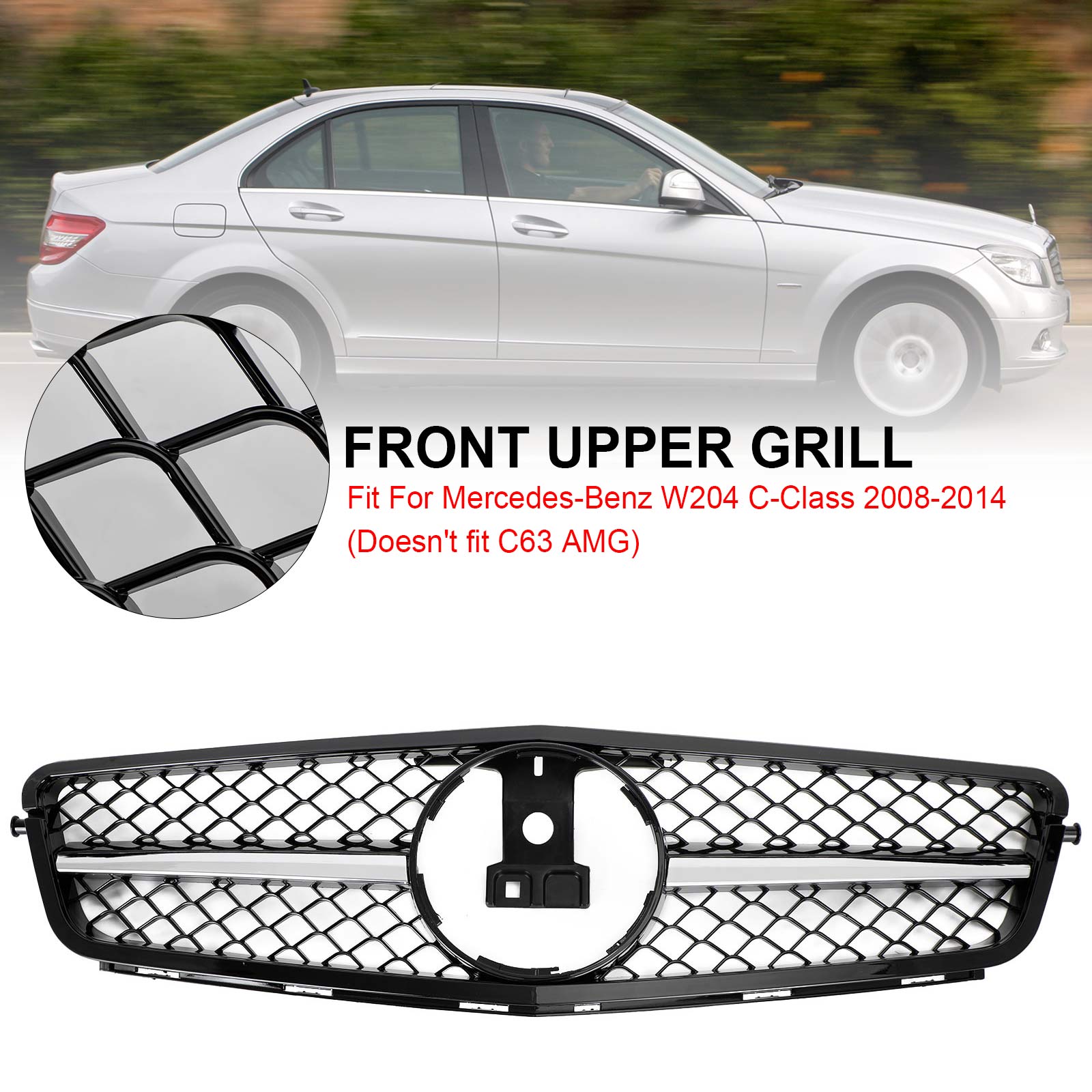 2008-2014 W204 C-Class BENZ ABS Gloss Black Chrome Front Bumper Grille Generic