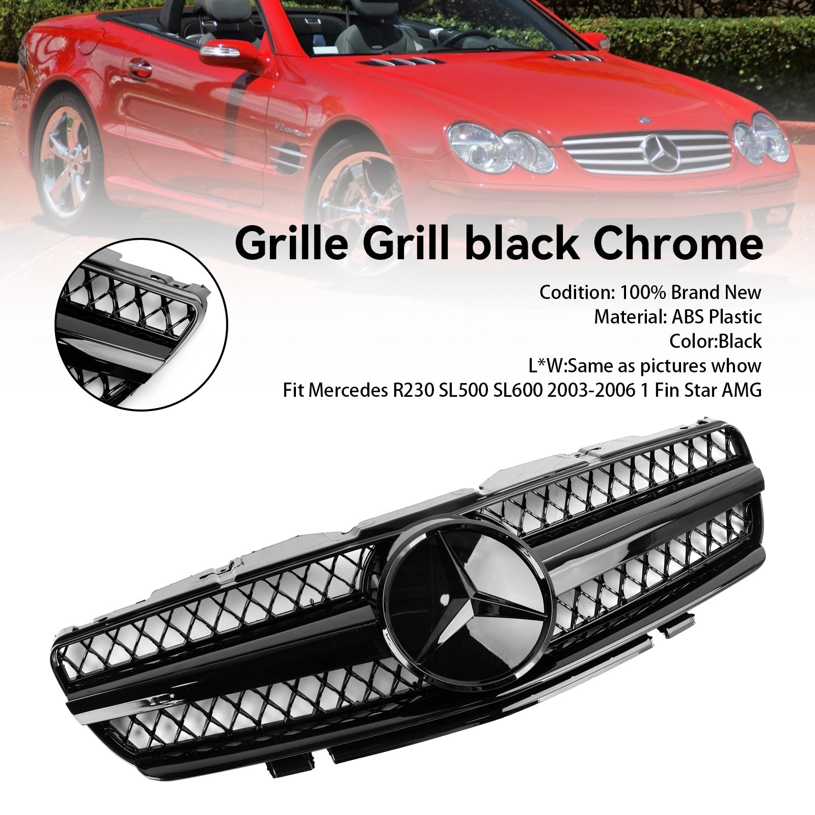 2003 2004 2005 2006 Mercedes R230 SL500 SL600 SL55 1 Fin Star Black Front Upper Grille Grill