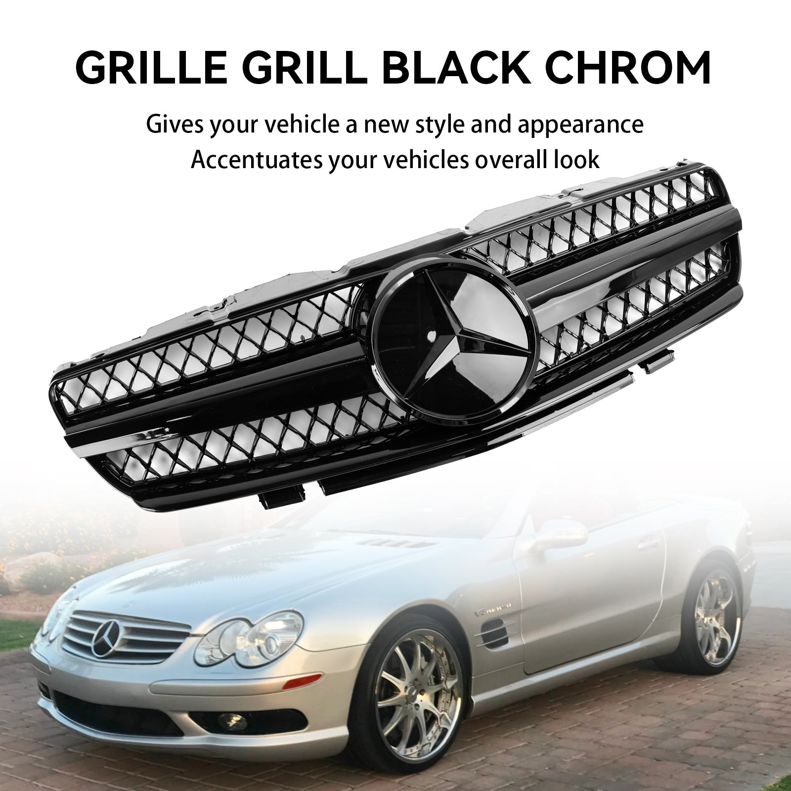 2003 2004 2005 2006 Mercedes R230 SL500 SL600 SL55 1 Fin Star Black Front Upper Grille Grill