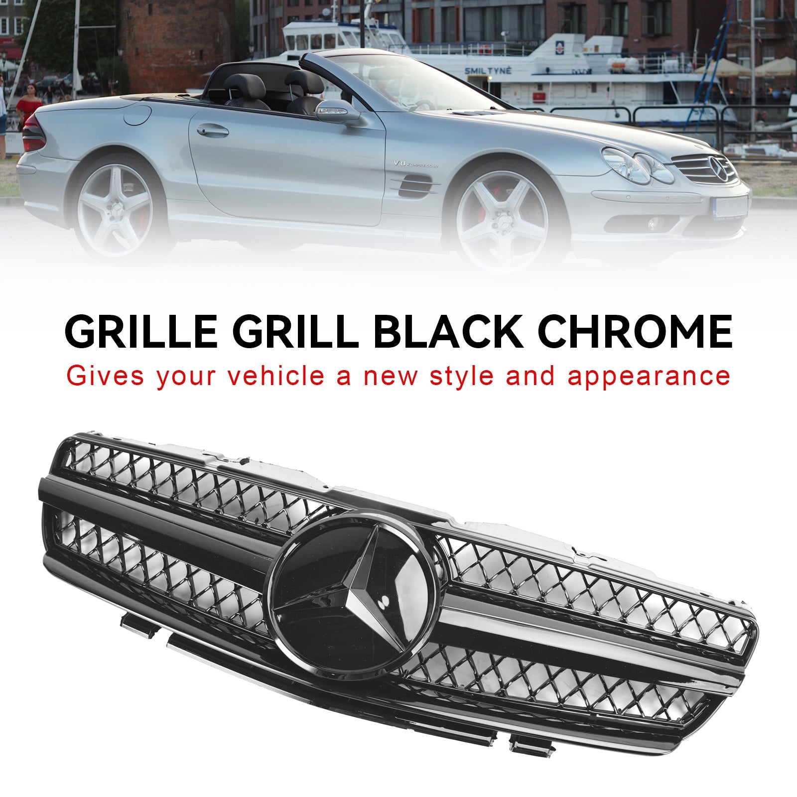 2003 2004 2005 2006 Mercedes R230 SL500 SL600 SL55 1 Fin Star Black Front Upper Grille Grill