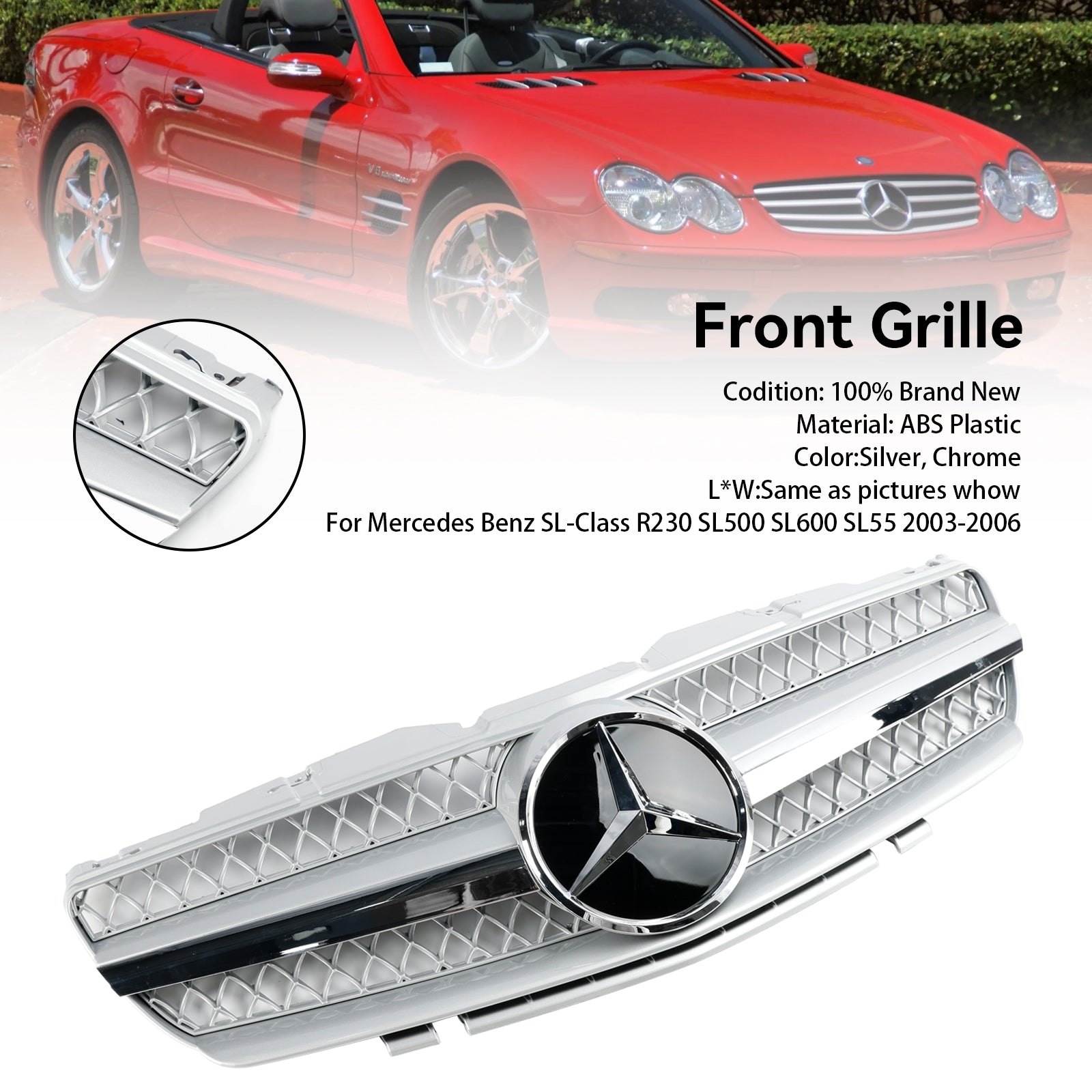 2003 2004 2005 2006 Mercedes R230 SL500 SL600 1 Fin Front Bumper Upper Grill Grille