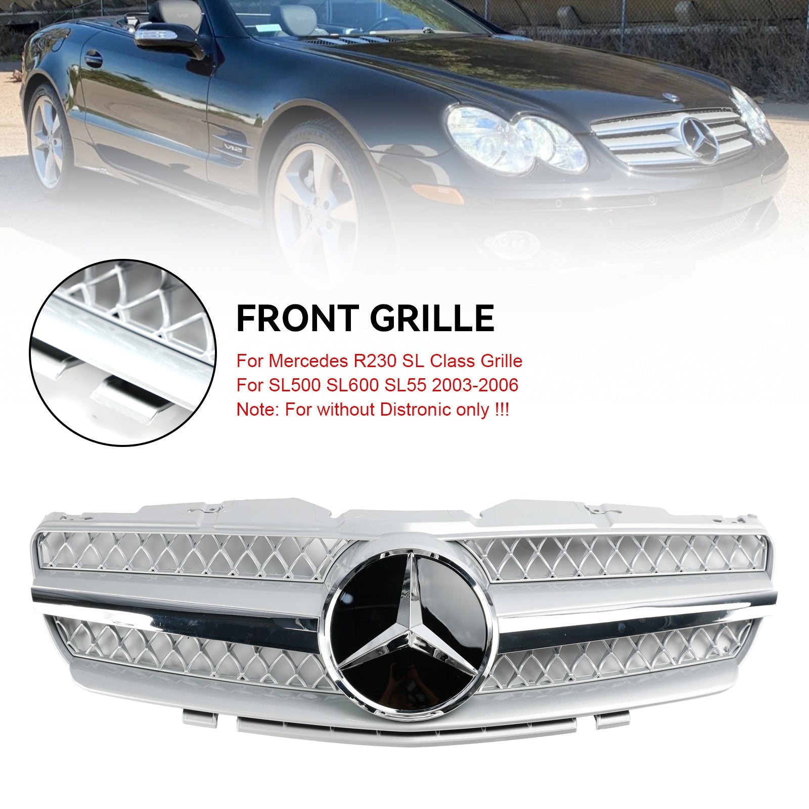 2003 2004 2005 2006 Mercedes R230 SL500 SL600 1 Fin Front Bumper Upper Grill Grille