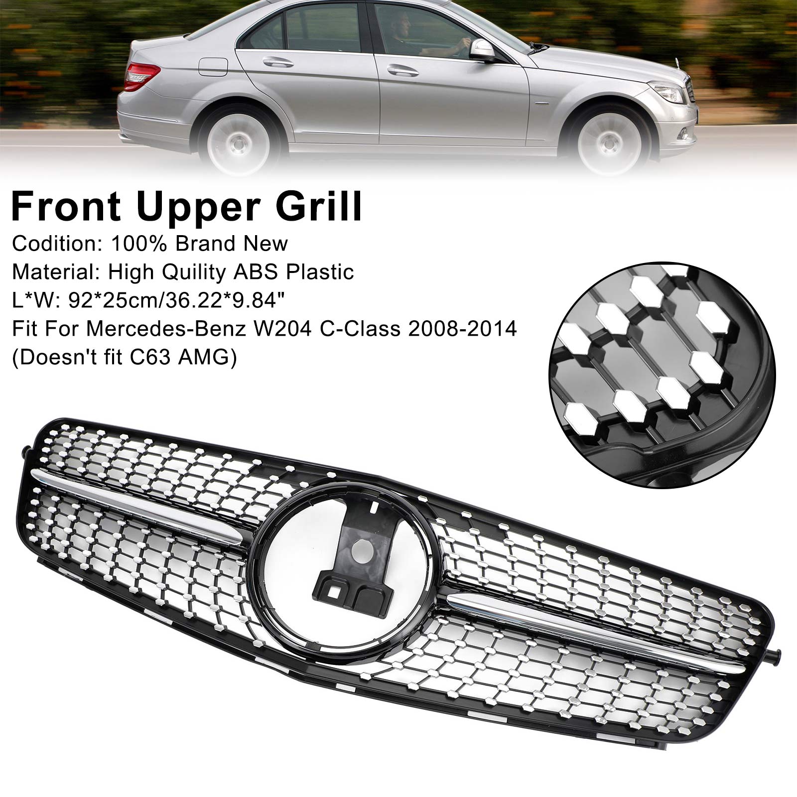 2008 2009 2010 2011 2012 2013 2014 C-Class Benz W204 C300 C350 LED Diamond Front Bumper Grille Grill
