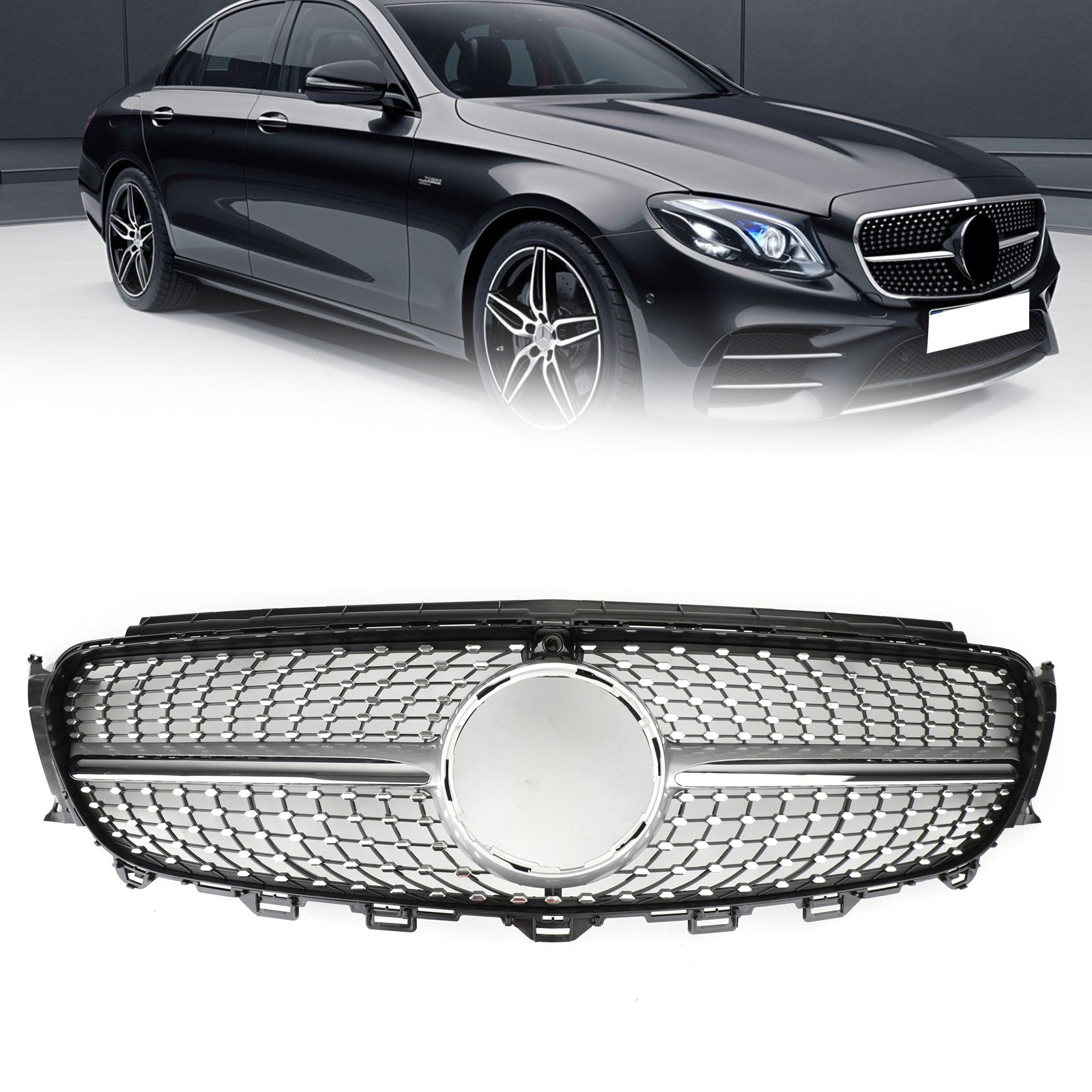 2017-2018 Benz E400 and AMG E43 Sedan Sports Only Diamond Silver Border Front Grille Grill