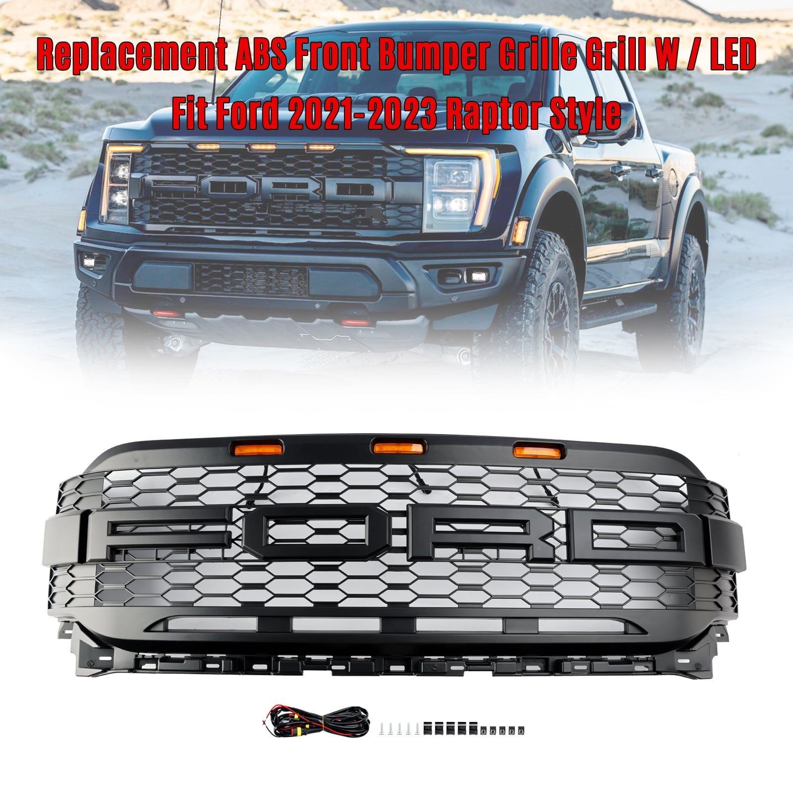 2021-2023 Ford F150 Raptor W/ LED Replacement ABS Front Bumper Grill Grille