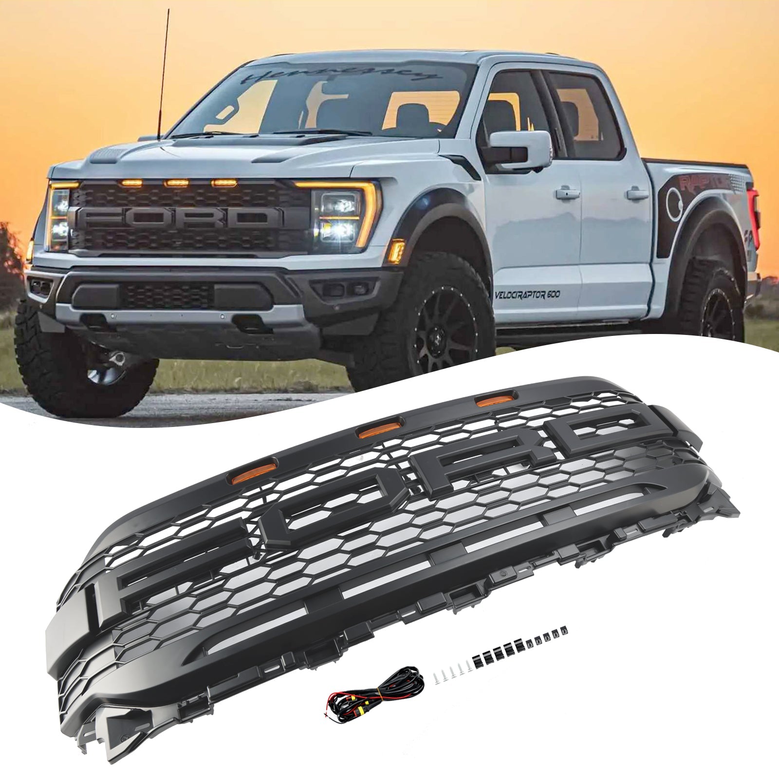 2021 2022 2023 Ford F150 Raptor W/ LED Replacement ABS Front Bumper Grill Grille