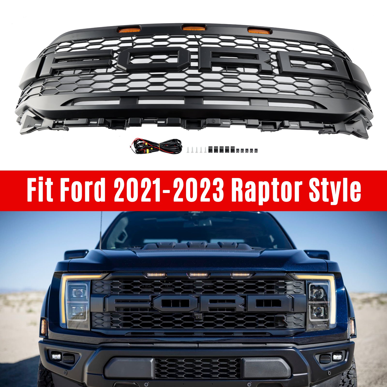 Ford F150 Raptor 2021-2023 W/ LED Replacement ABS Front Bumper Grill Grille