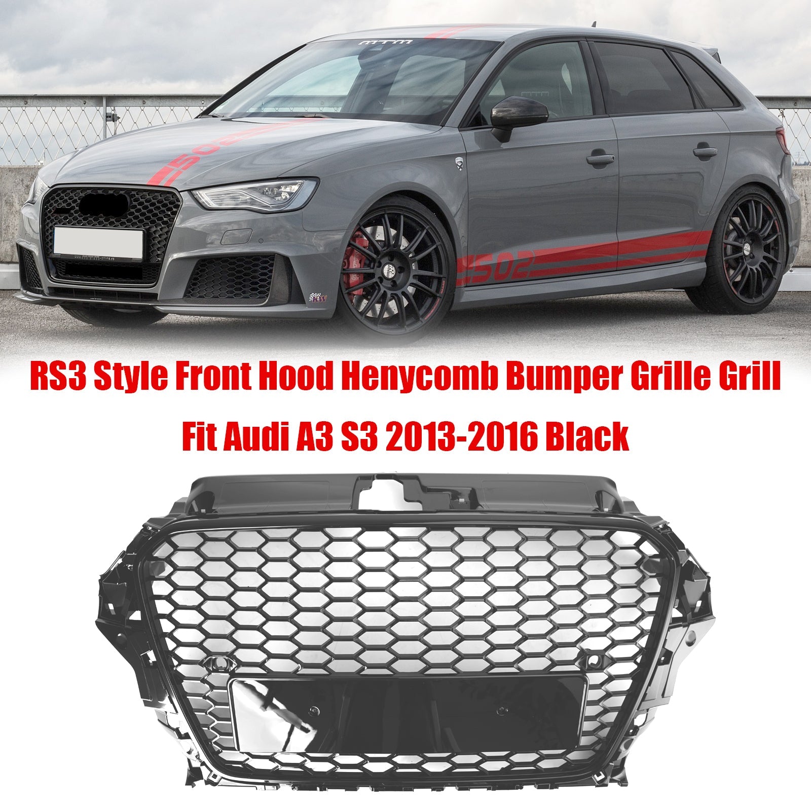 Audi A3 S3 2013-2016 RS3 Style Front Hood Honeycomb Bumper Grille Grill Black