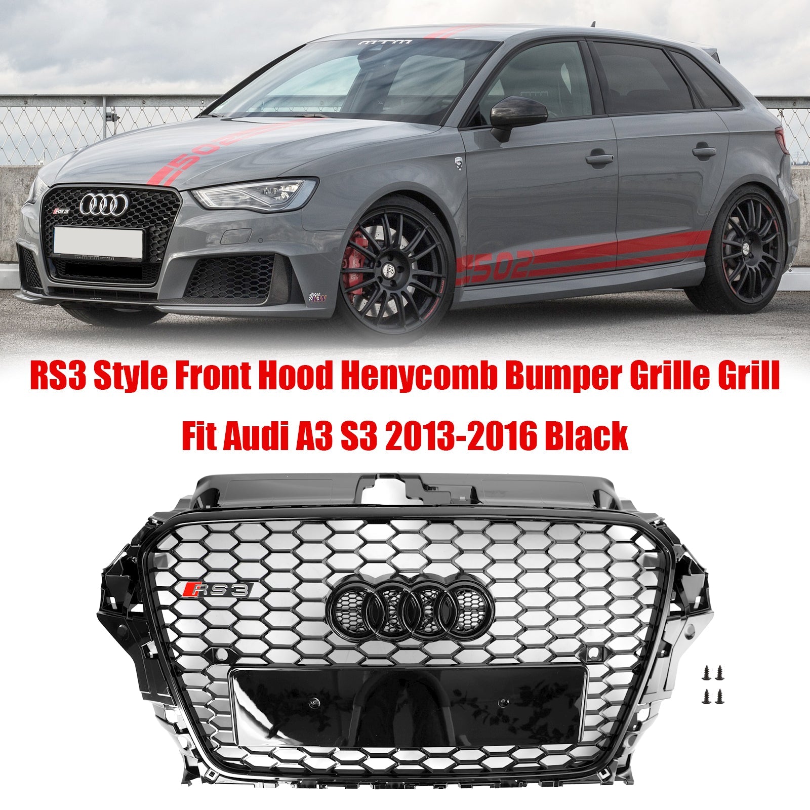 2013 2014 2015 2016 Audi A3 S3 RS3 Style Front Hood Henycomb Bumper Grille Grill Black