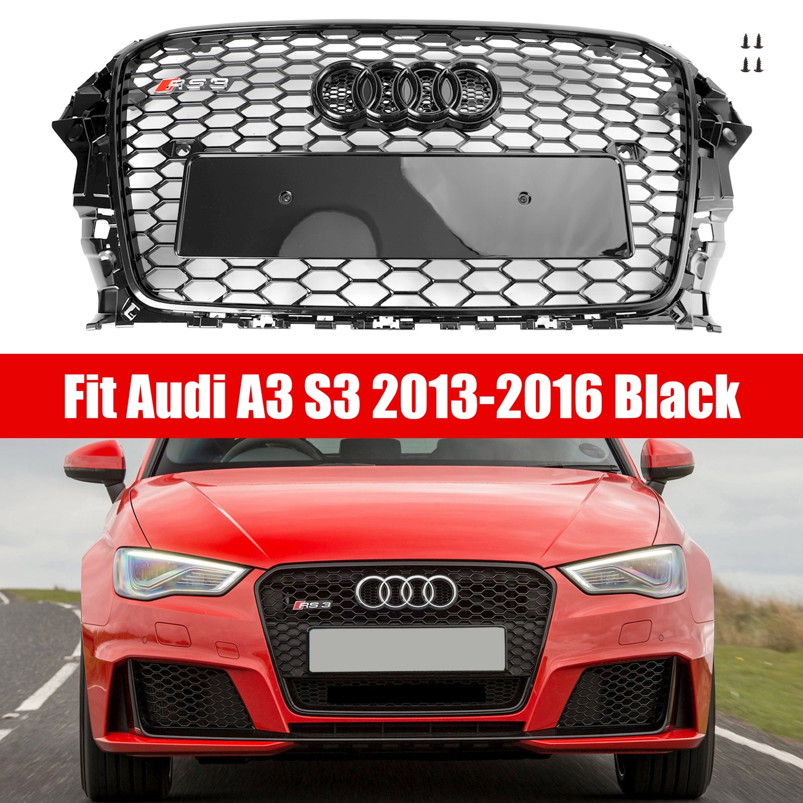 2013 2014 2015 2016 Audi A3 S3 RS3 Style Front Hood Henycomb Bumper Grille Grill Black
