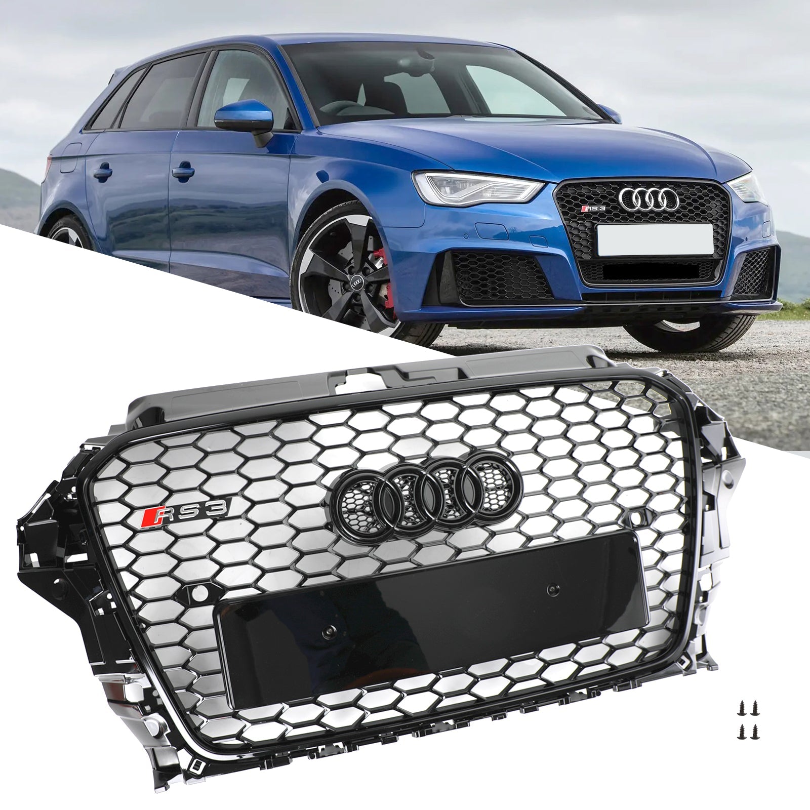 2013 2014 2015 2016 Audi A3 S3 RS3 Style Front Hood Henycomb Bumper Grille Grill Black