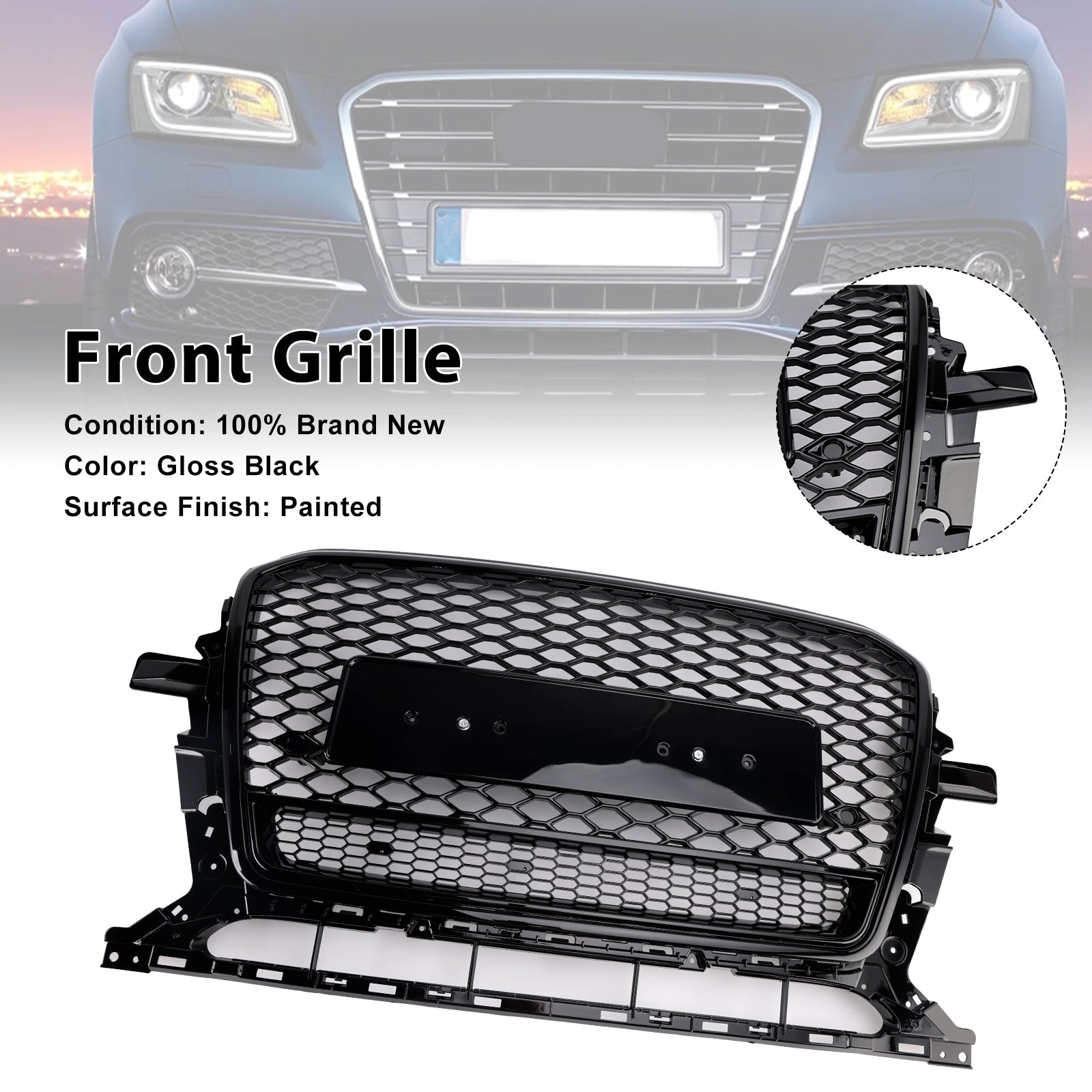 2013-2017 Audi Q5 Gloss Black Front Honeycomb Bumper Grille Grill