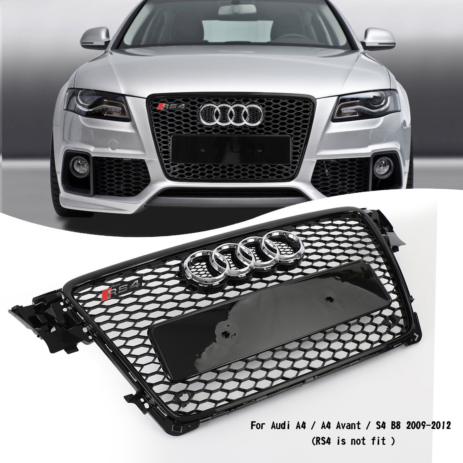 2009-2012 Audi A4/S4 B8 RS4 Style Honeycomb Sport Mesh Hex Grille Grill Black