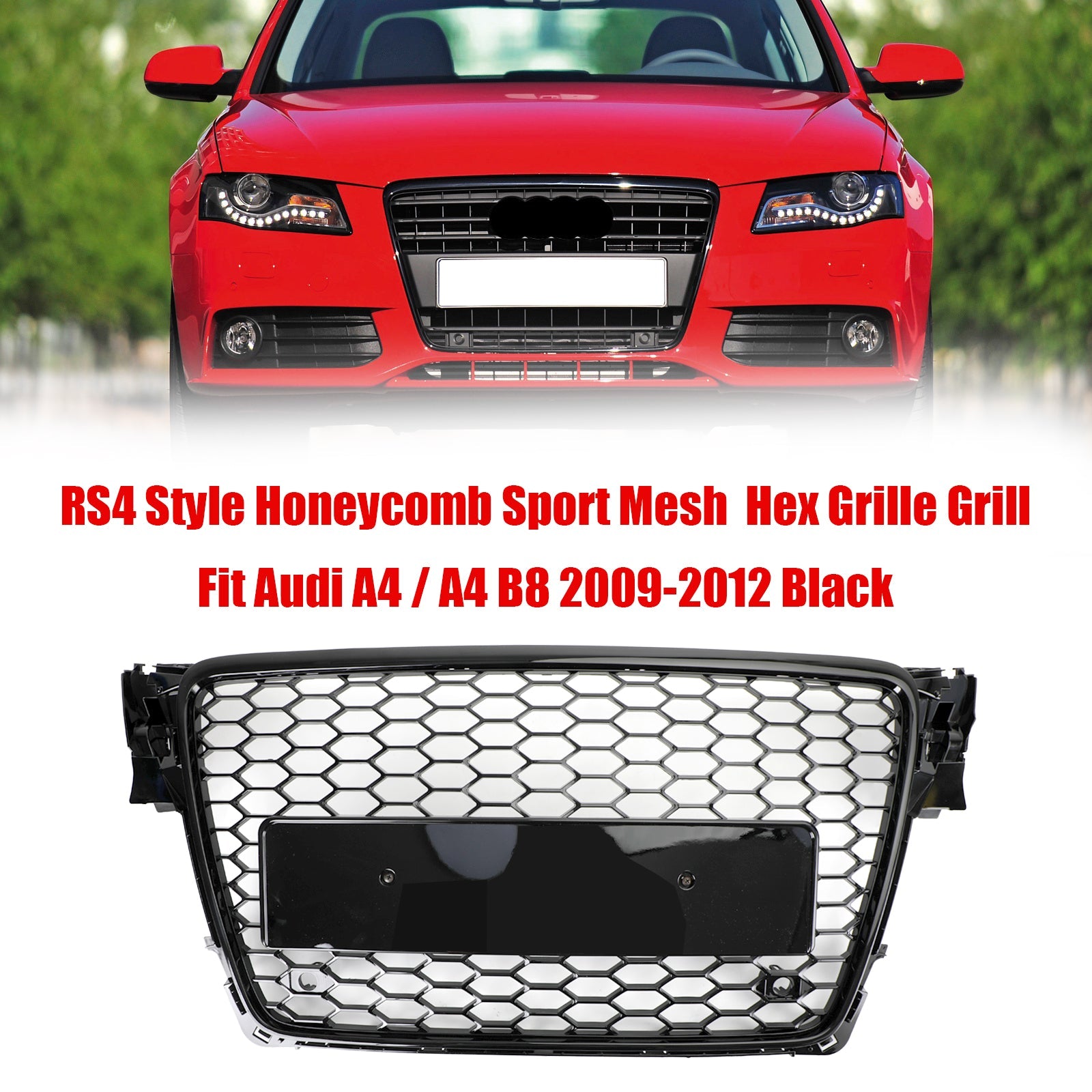 2009-2012 Audi A4 B8 RS4 Style Honeycomb Sport Mesh Hex Grille & Gloss Black Honeycomb Mesh Fog Light Open Vent Grill