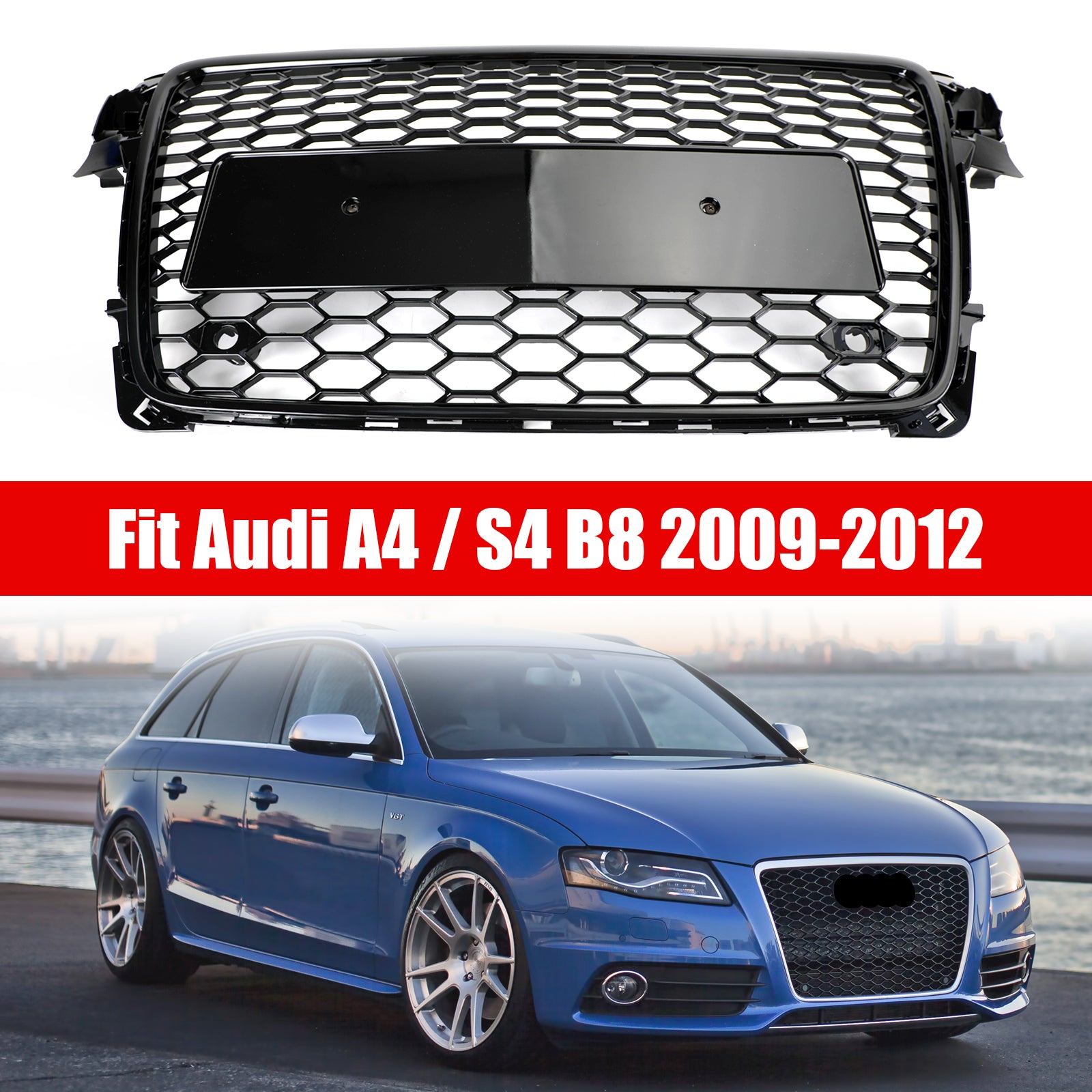 2009-2012 Audi A4 B8 RS4 Style Honeycomb Sport Mesh Hex Grille & Gloss Black Honeycomb Mesh Fog Light Open Vent Grill