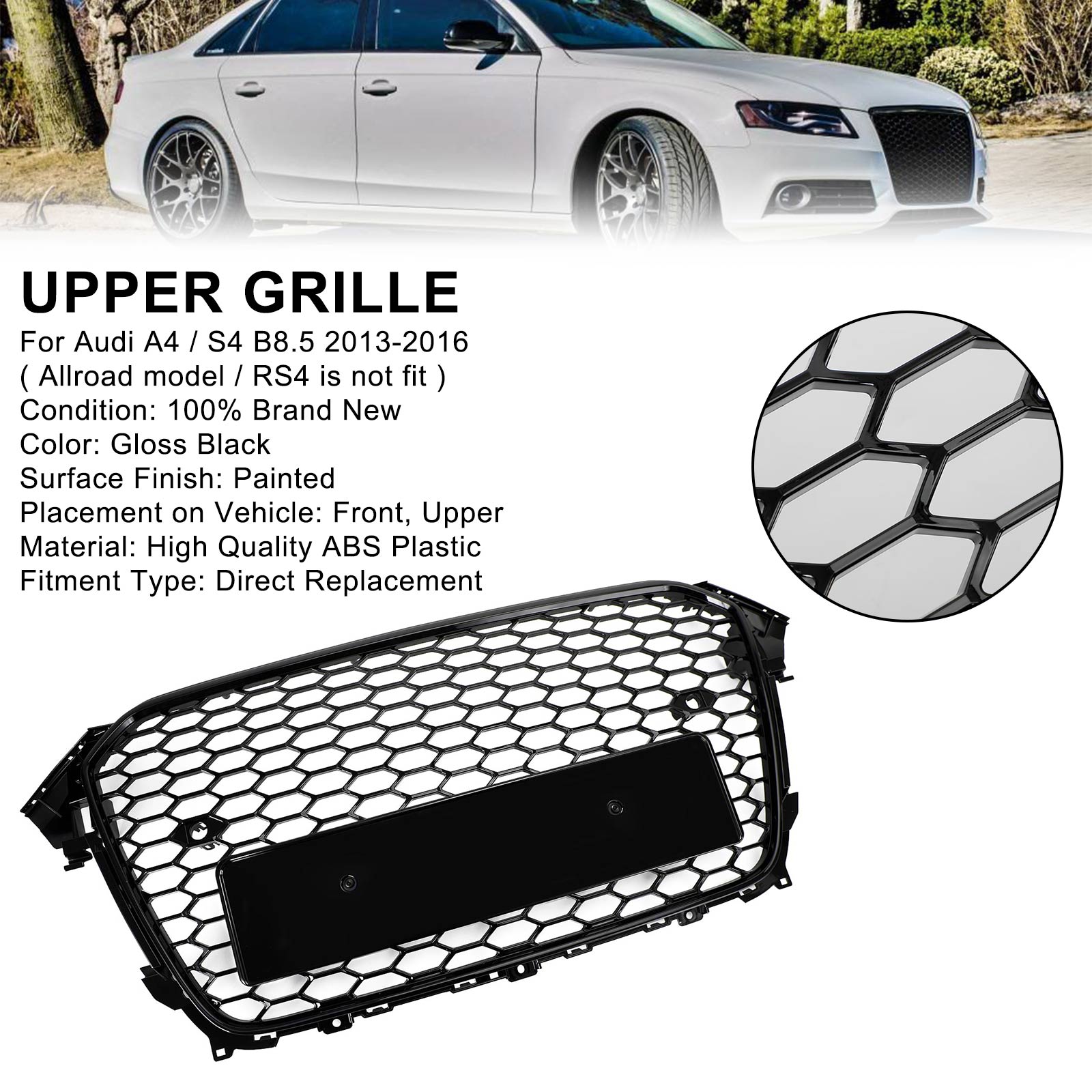 2013 2014 2015 2016 Audi A4 S4 RS4 Style Mesh Front Bumper Grille Grill Gloss Black