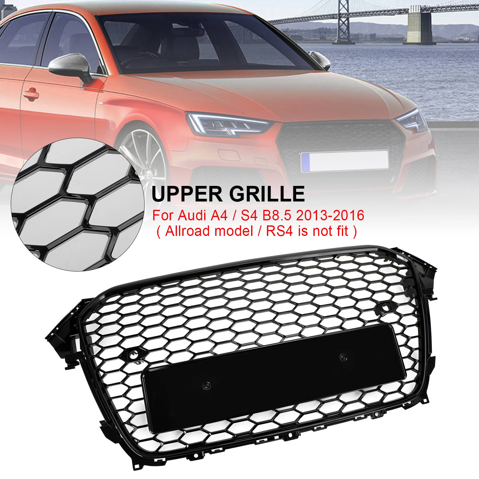 2013 2014 2015 2016 Audi A4 S4 RS4 Style Mesh Front Bumper Grille Grill Gloss Black