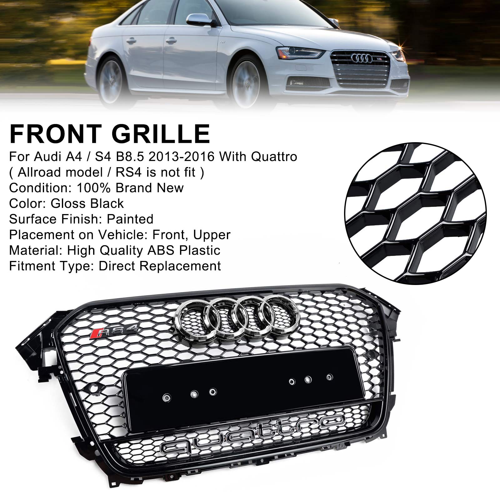 2013 2014 2015 2016 Audi A4 S4 B8.5 w/ Quattro RS4 Style Front Bumper Grill Grille